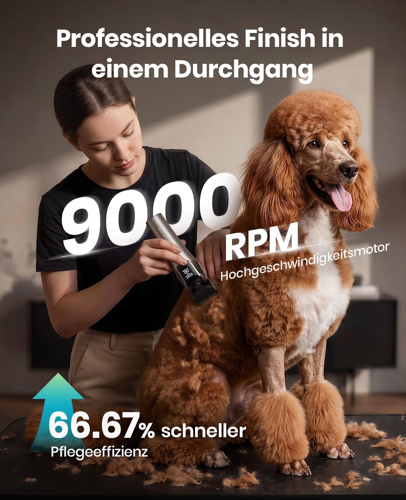 oneisall Profi Schermaschine Hund Langhaar | 9000 RPM 5-Geschwindigkeit, 5-in-1 DLC-Klinge, 280 Min Laufzeit, <50 dB leises, 8 Metall-Führungskämmen und Tragetasche
