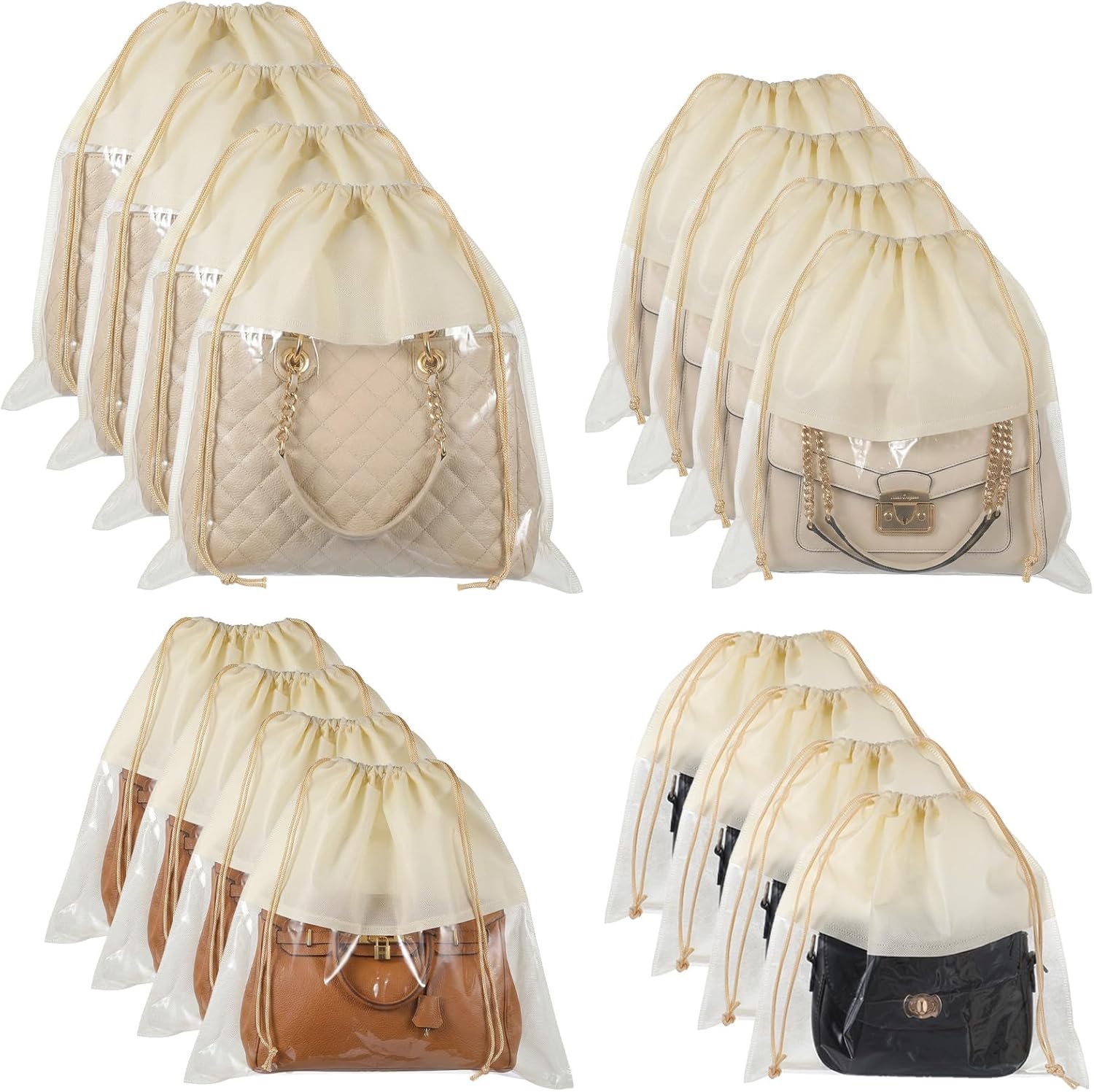 16 Pcs Purse Bags for Storage, Non-Woven Purse Storage Bag Dustproof Drawstring Organizer for Handbags (Beige, 3 Sizes: 13.8 x 13.8, 15.7 x 15.7 & 17.7 x 17.7 Inches)