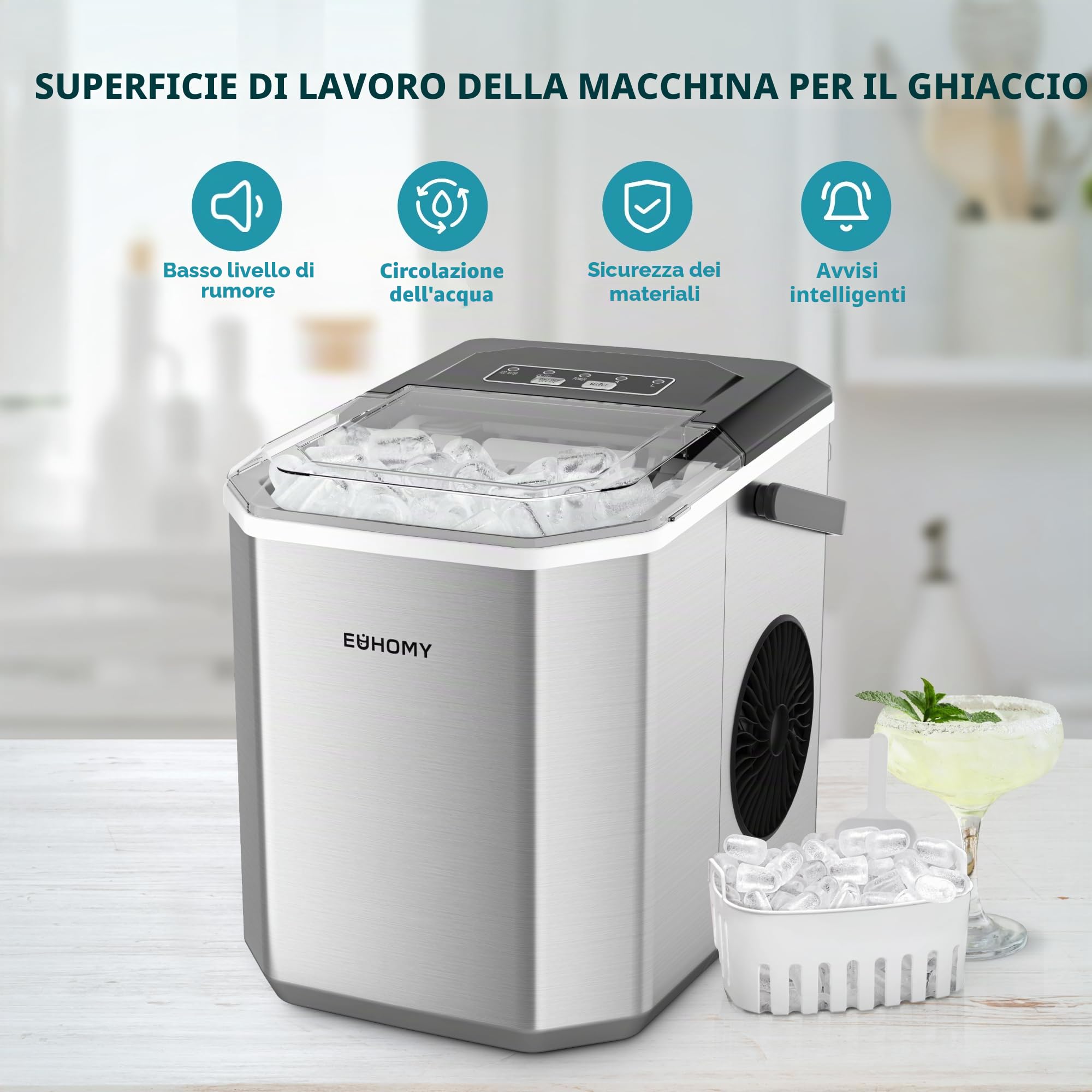 EUHOMY Macchina per cubetti di ghiaccio, 9 cubi in 6 minuti, macchina per il ghiaccio Bullet, 2 dimensioni cubi, in acciaio inox, per il piano di lavoro, 12 kg/giorno, per la casa, la cucina