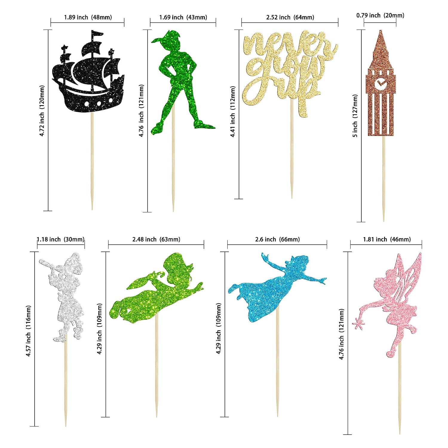 Gyufise 24 Pack Never Grow Up Cupcake Toppers Glitter Ship Neverland Elf Girl Cupcake Picks Night Fairy Tales P Pan Cupcake Decorations for Baby Shower Birthday Party Cake Decorations Supplies