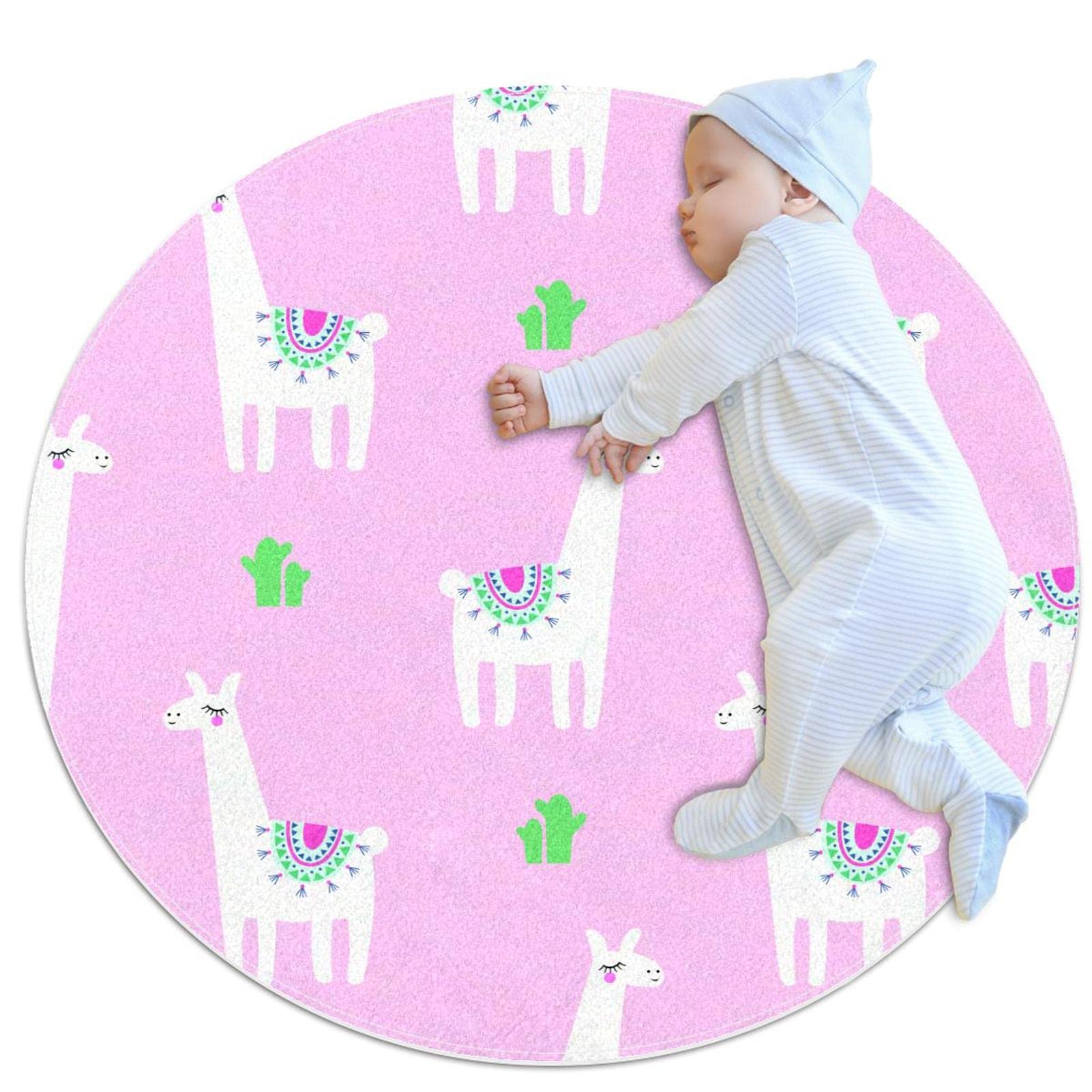 Tapis rond pour enfants JDEZ motif alpagas pour décorer chaleureusement une chambre de fille ou garçon