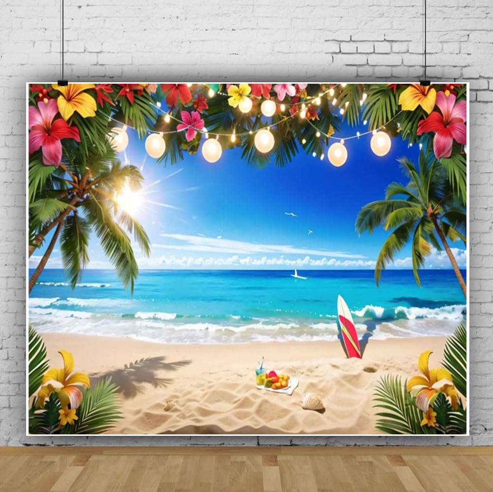 Summer Hawaiian Beach Backdrop 10x8ft Blue Sea Sky Tropical Palm Tree Flower Seaside Scenery Photography Background Luau Aloha Party Decorations