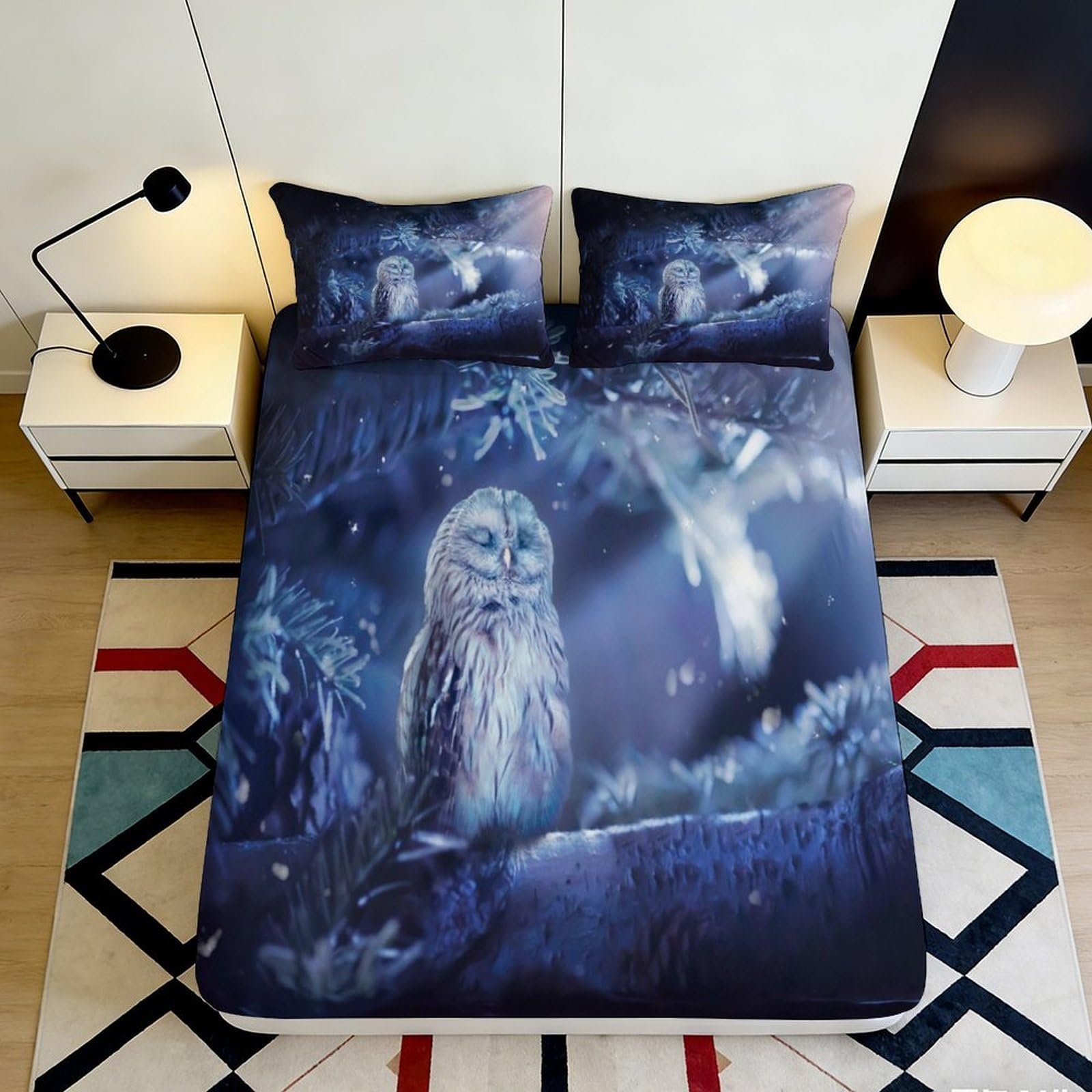 3D Printed Owl Pattern Fitted Sheet Microfiber Soft Durable Night Forest Bed Cover for Bedroom Dormitory Guest Room Mattress Protection 200x200x25cm