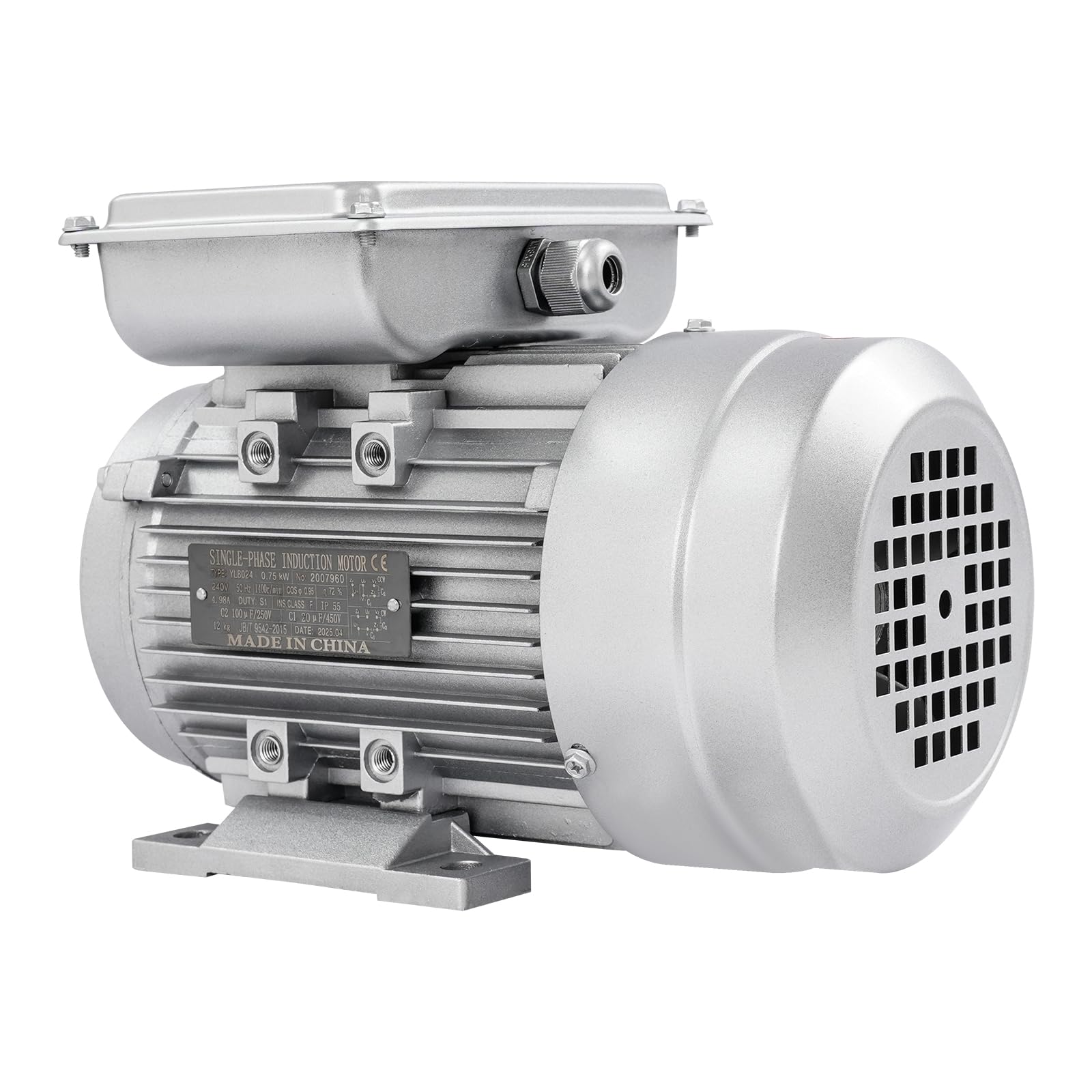 Motor eléctrico 750 W 1 HP – 1 fase, 1400 rpm, eje de 19 mm, clase de protección IP55, motor de corriente alterna para hormigonera, compresores, bombas