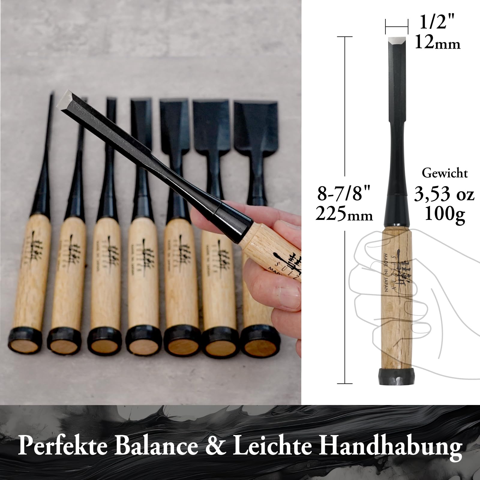 SUIZAN Japanischer Holzbeitel 12 mm - Professionelles Oire Nomi Holzbearbeitungswerkzeug