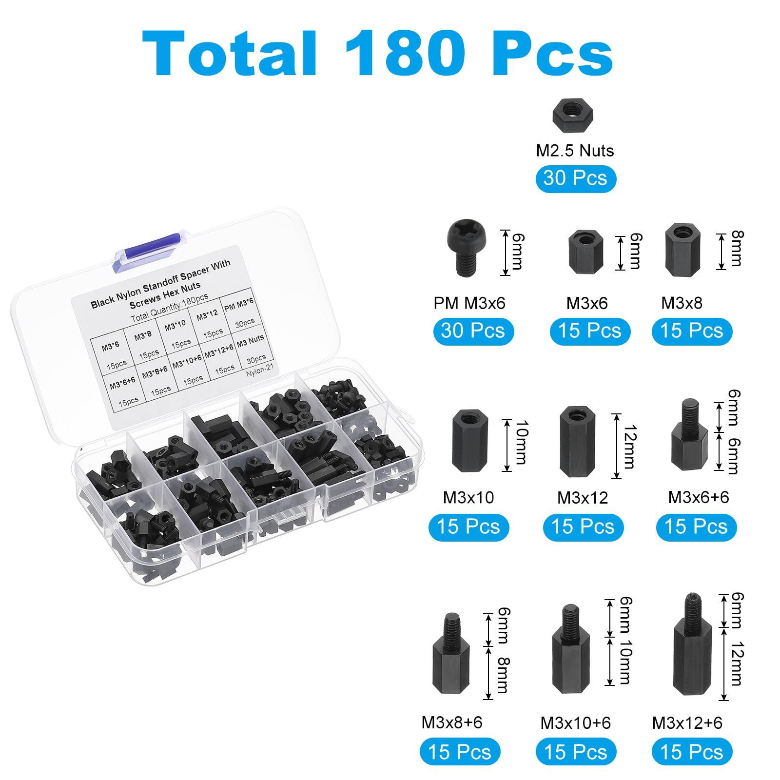 PATIKIL M3 Male Female Nylon Hex Spacer Standoff Kit, 180Pcs Motherboard Standoffs Assortment Kit, Electrical Outlet Spacers - Image 2
