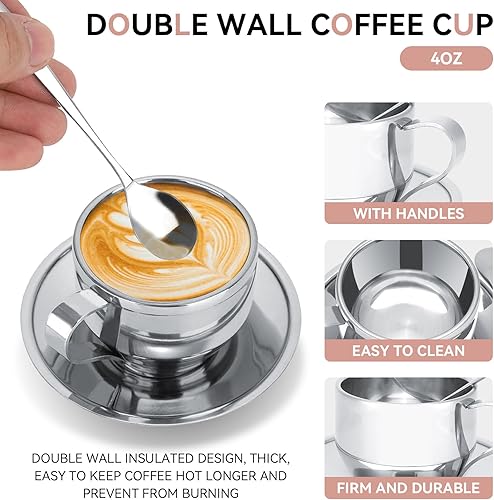 Miniatura 2 de Juego de tazas y platillos de 4 onzas, taza de café con aislamiento de doble pared de acero inoxidable con platillo y cuchara para café, café con