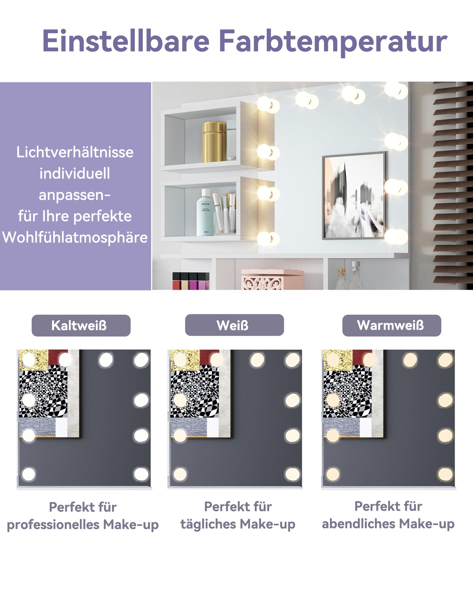 Schminktisch mit Beleuchtung und Hocker, Frisiertisch mit Spiegel 3 einstellbare Lichtfarben einstellbare Helligkeit, Kosmetiktisch mit Große Schubladen, 5 offenen Fächern, Weiß