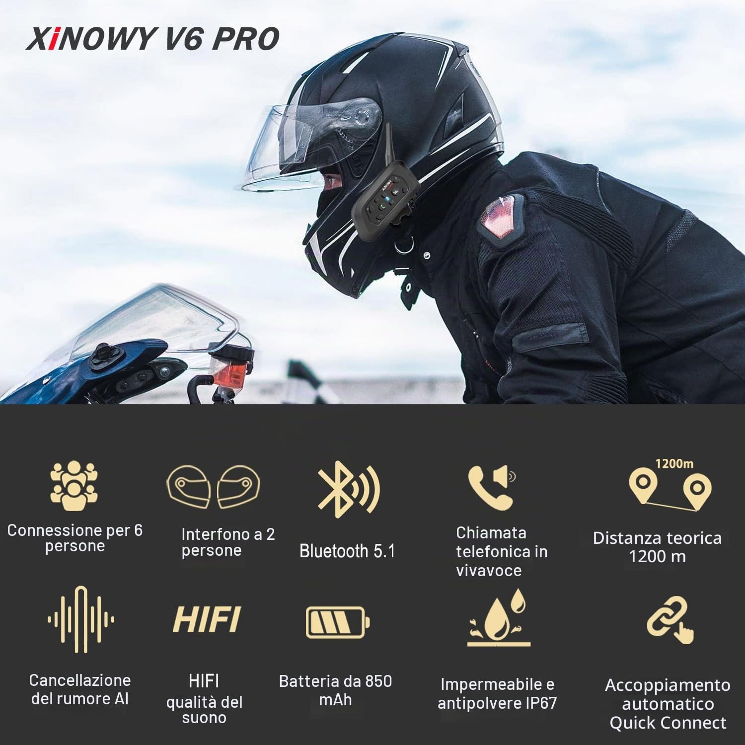 V6 PRO Interfono Moto, Kit Interfono per 2 Casco Auricolari con Cancellazione del Rumore, Distanza 1Km, Sistema di Comunicazione Moto Universale IP67 Impermeabile (Nero-Due)