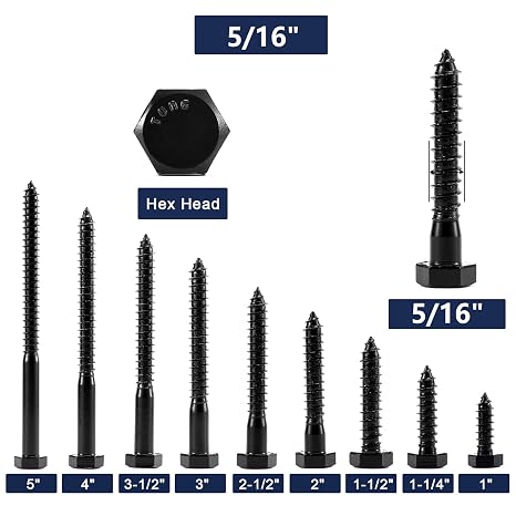 5/16 x 2 Hex Head Lag Screws Bolts 20Pcs 304 Stainless Steel 18-8, Partial Thread, Hexagon Head Wood Screws by Black Oxide by SG TZH