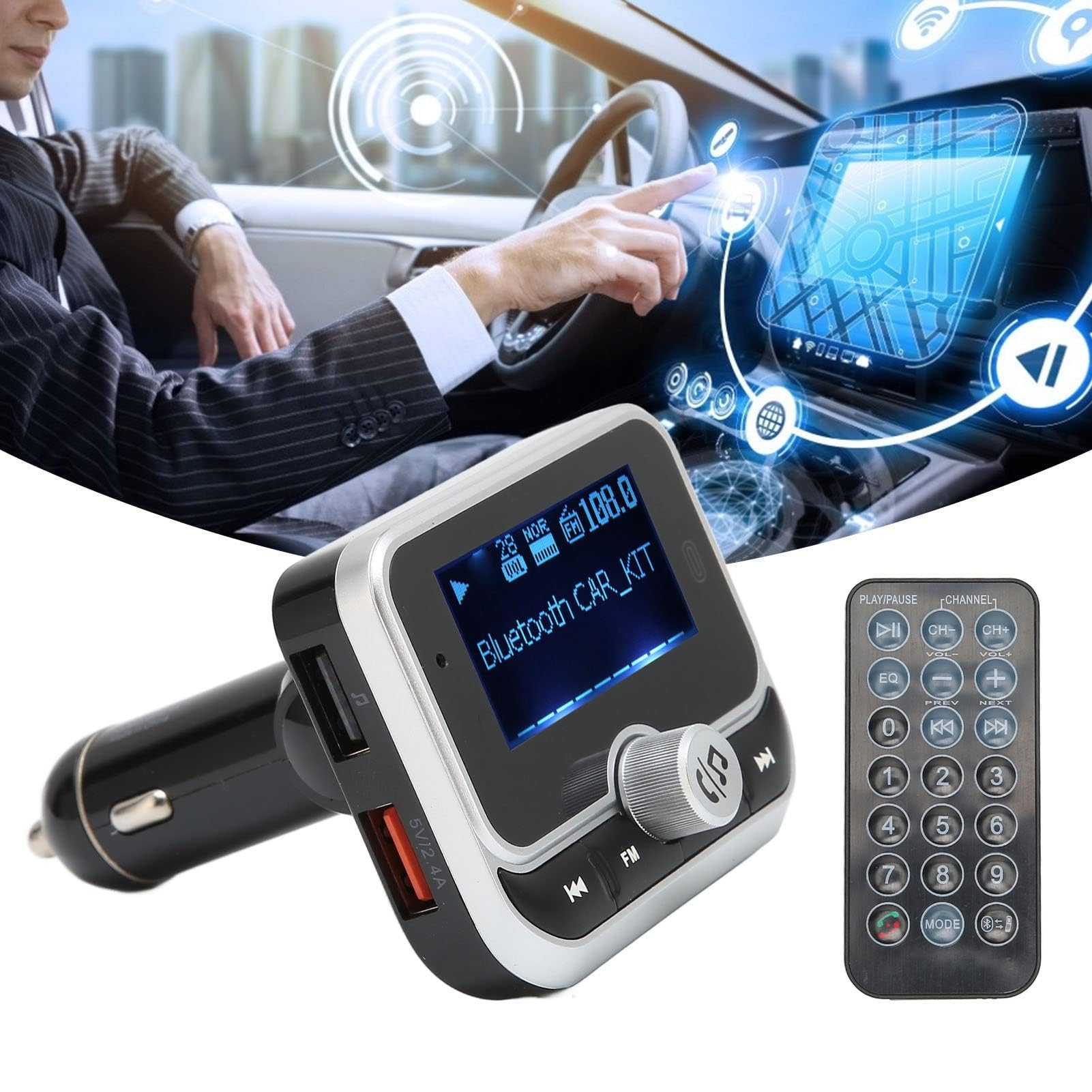 Trasmettitore FM Bluetooth per Auto, Adattatore Bluetooth Wireless Kit Trasmettitore Musicale per Auto con Caricatore per Auto 2 USB Vivavoce, Modalità di Riproduzione Multiple per Tutti i Lettori Aud