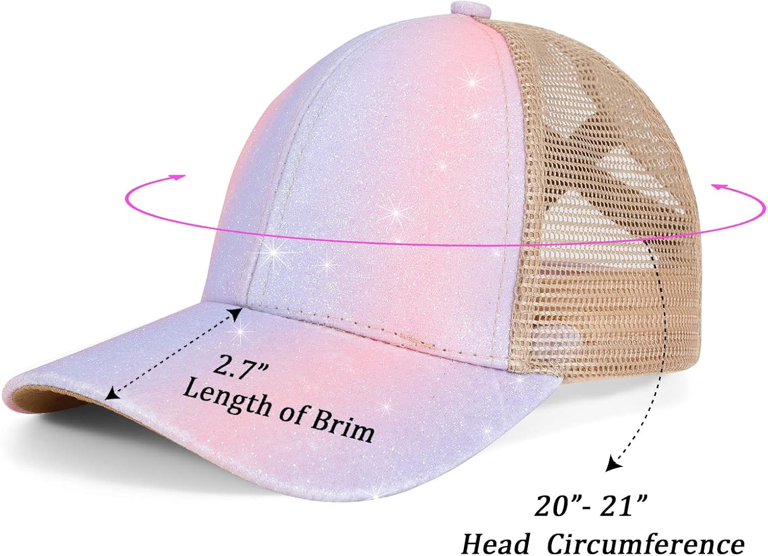 Girls Glitter Baseball Cap Criss Cross Hat, Girl High Ponytail Hat - Kids Trucker Hat with High Bun Messy Ponytail(Ages5-15) - Image 5