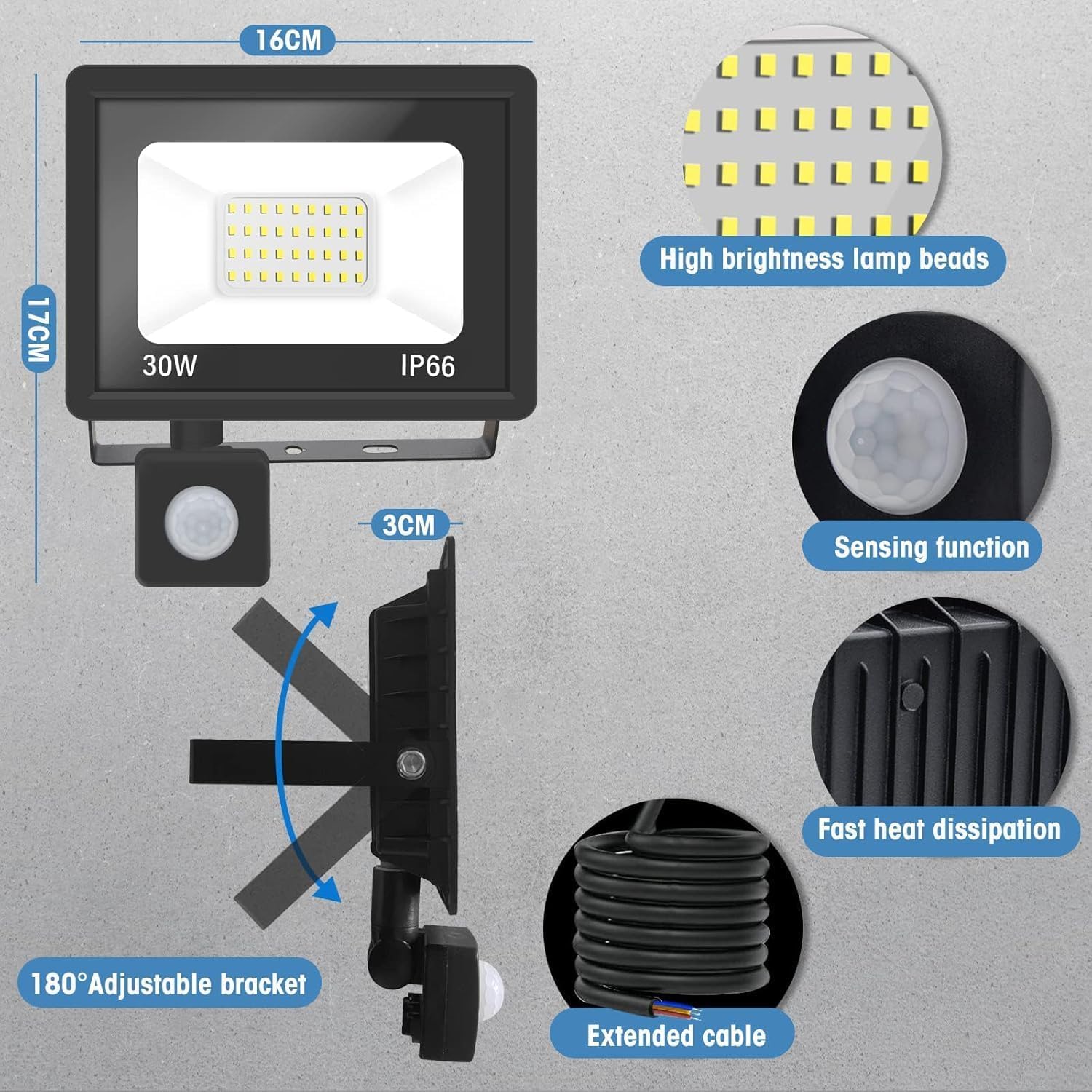 4 * 30W Foco LED con Sensor de Movimiento 3000LM Foco LED con Sensor Movimiento IP66 Impermeable 6000K Blanco Frío Foco Exterior focos Seguridad para Jardín, Garaje, Fábrica