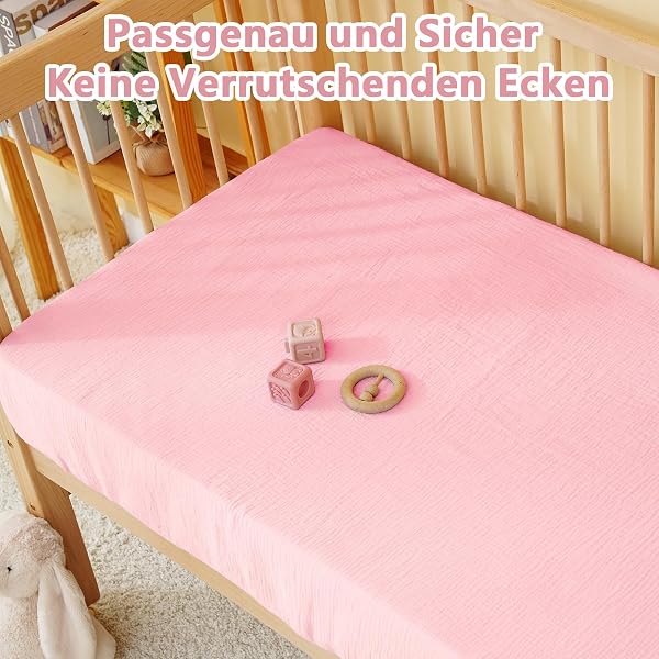 Drap-Housse pour lit bébé 60 x 120 cm, en 100% Mousseline de Coton, avec élastique sur Le pourtour, Doux et Respirant, pour lit d'enfant, lit à barreaux, lit d'appoint (Rose Princesse, 60 x 120 cm) - 4