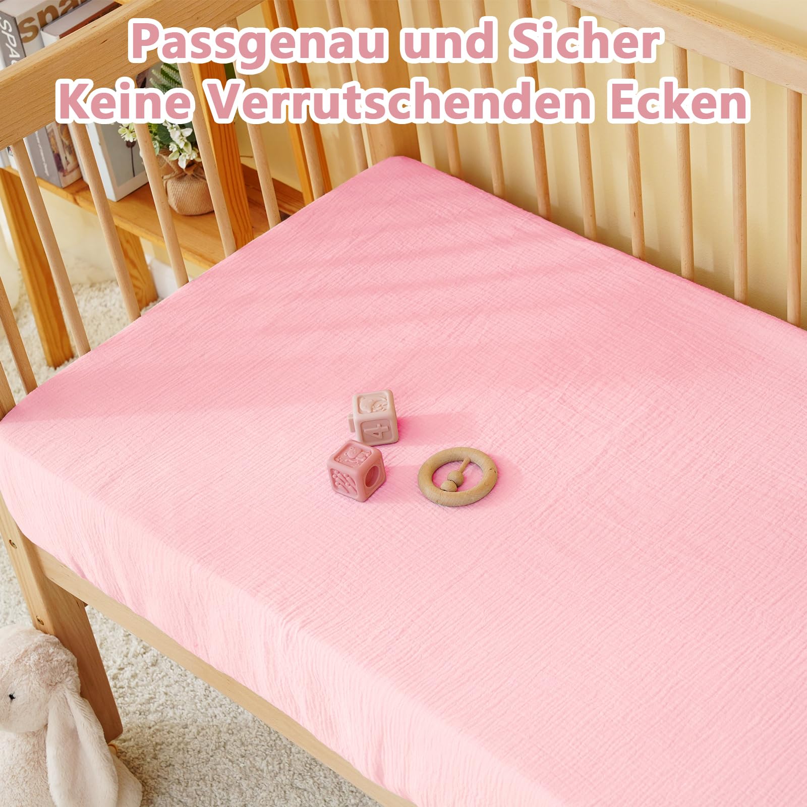 Drap-Housse pour lit bébé 60 x 120 cm, en 100% Mousseline de Coton, avec élastique sur Le pourtour, Doux et Respirant, pour lit d'enfant, lit à barreaux, lit d'appoint (Rose Princesse, 60 x 120 cm) - 5