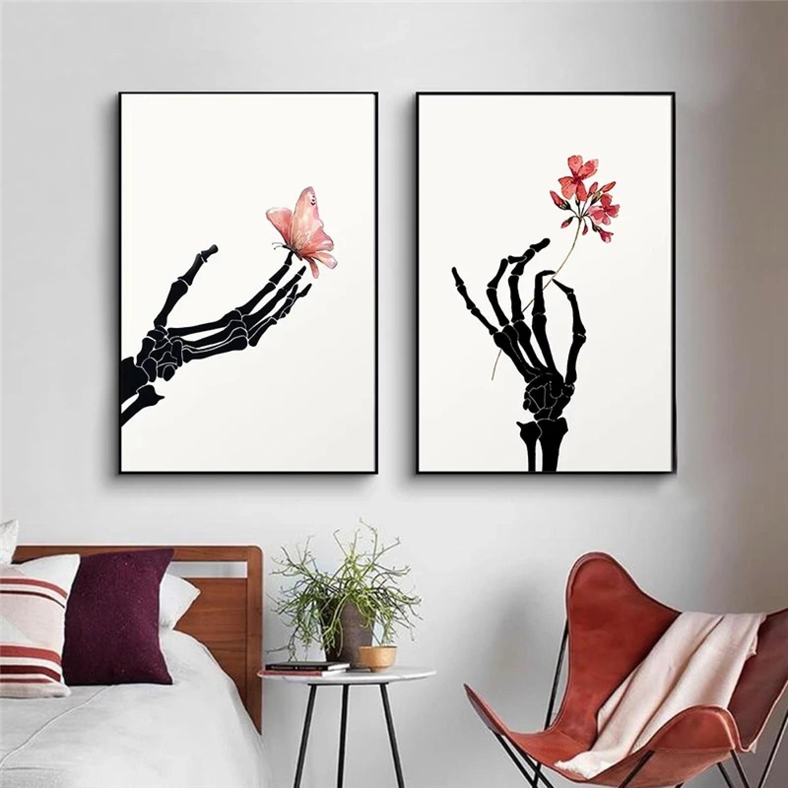 Yooyu Mano de Esqueleto con Flor Mariposa Cartel de Arte de Pared Negro Blanco Abstracto Lienzo Pintura Sala de Estar decoración del hogar 55x80cmx2 Marco Interno