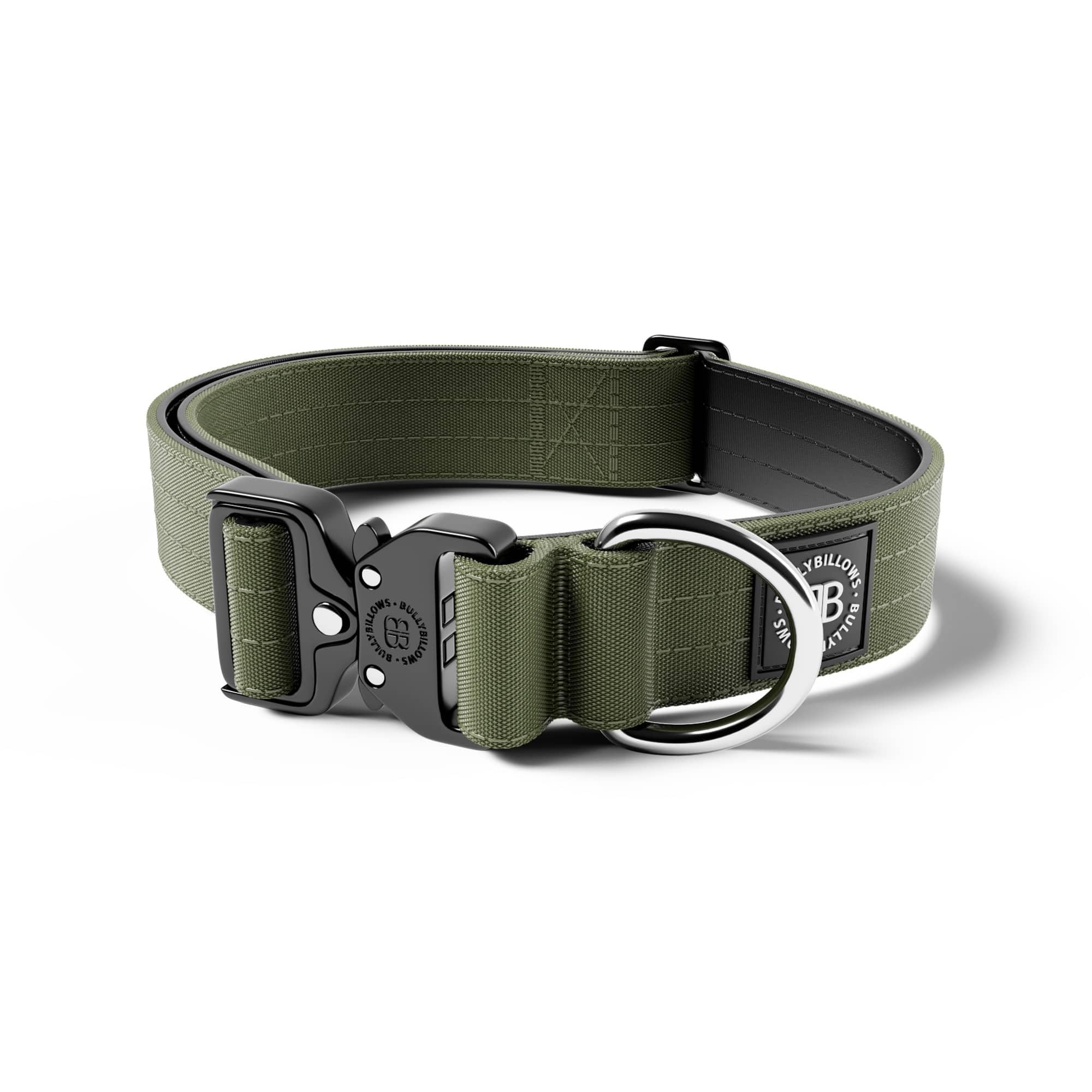 BullyBillows 4cm Combat® Dog Collar v2.0 | Heavy-Duty Design with Rated Clip | NO HANDLE | Neoprene Lined for Comfort | Khaki | Large | Adjustable Size 17"-28" (43cm-72cm)