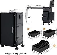 Vista 7 de Mesa de manicura portátil rodante con 3 cajones, estuche de maquillaje con cerradura con espejo y organizador de esmalte de uñas, escritorio de uñas