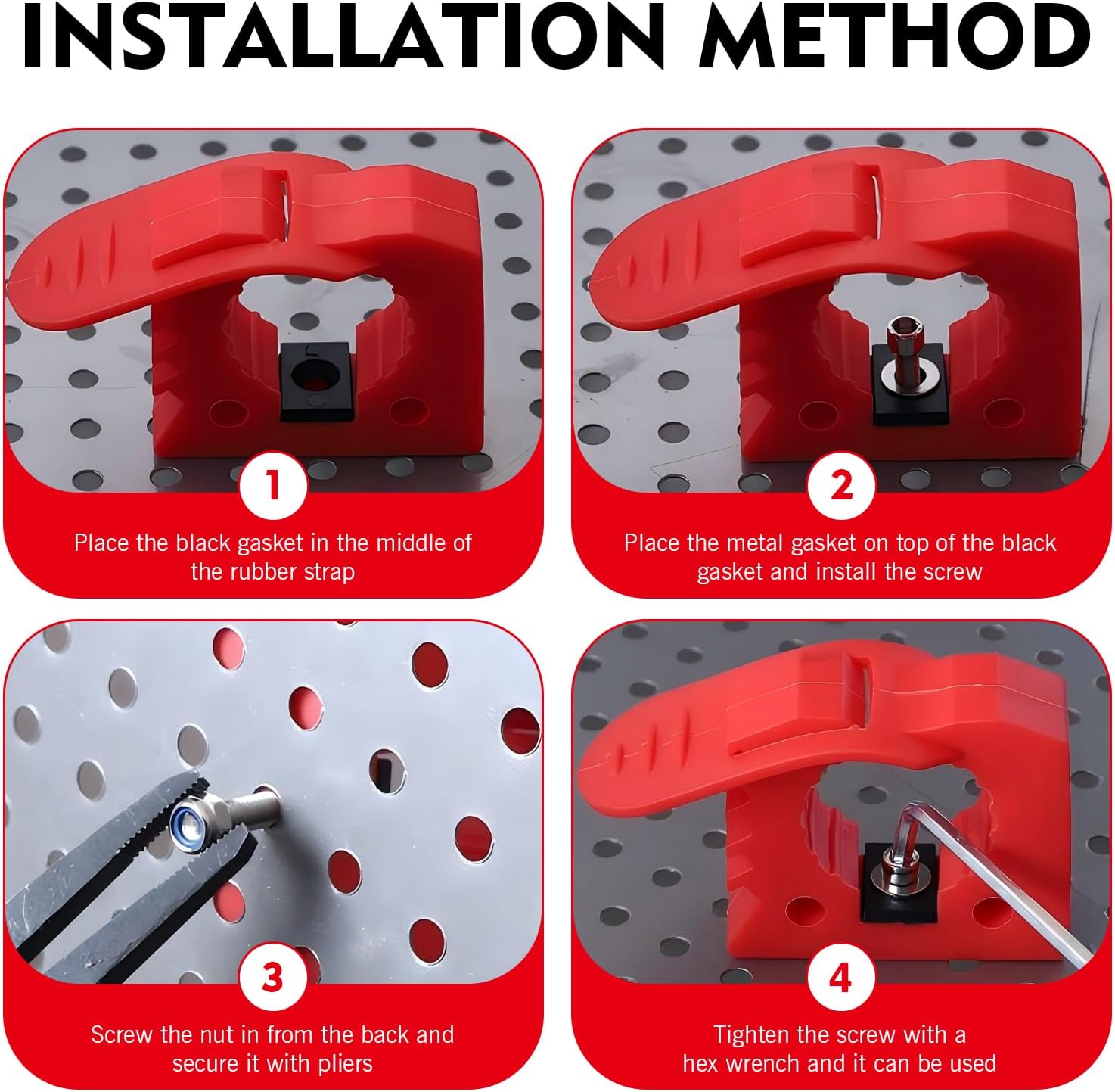 4 PCS Quick Release Rubber Clamp Mount Kit, Fits 1-1/5" to 1-1/2" Diameter Tool Handles, Adjustable Fist Mount Clamps, Universal for Trucks UTV ATV Offroad RV Boat (Red)