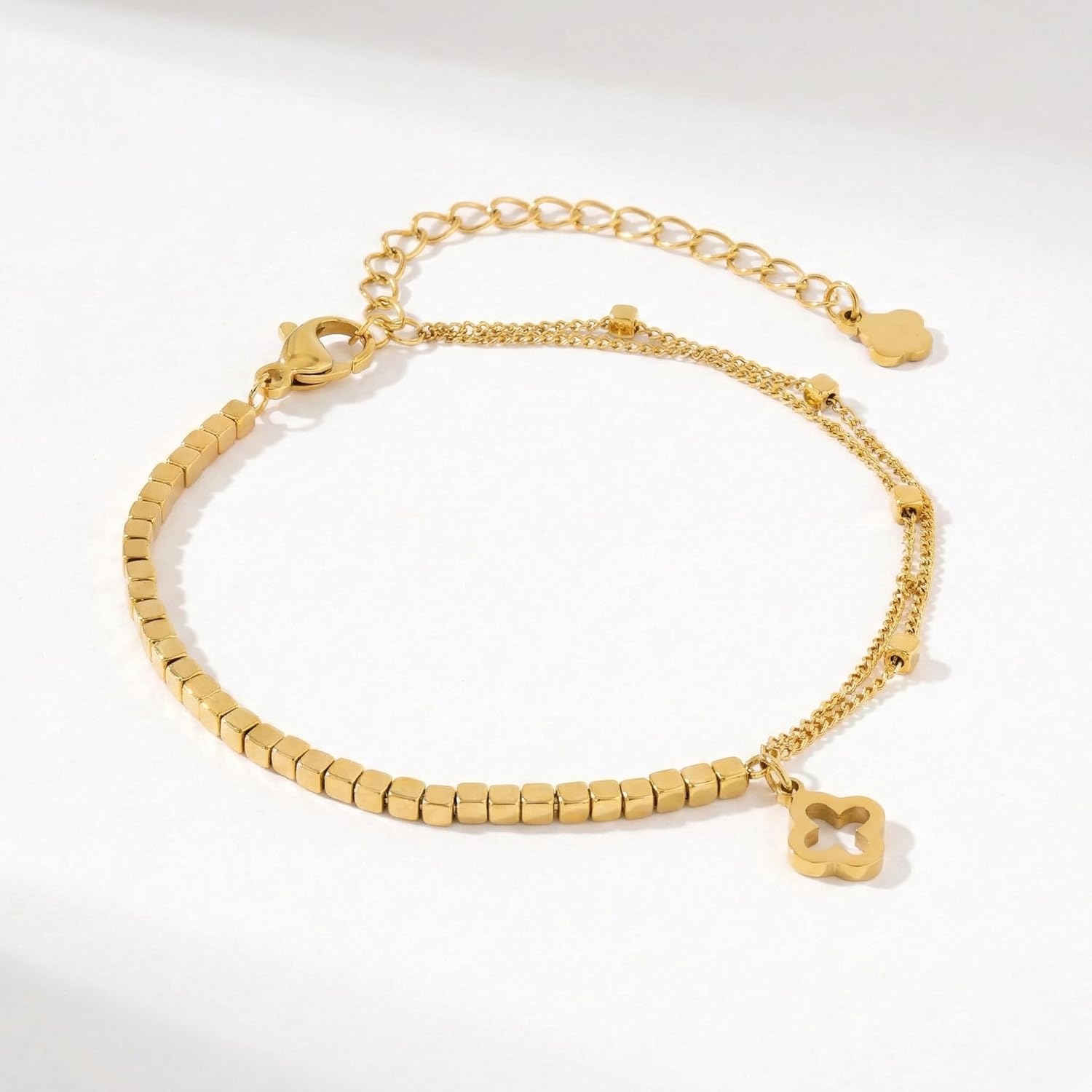 Billet-doux 18k Gold Plated Clover Flower Bracelet for Women, White/Black/Gold Flower Clover Motif Link Chain Bracelets, Adjustable size, Trendy Charm Jewelry Gifts for Women - Image 3