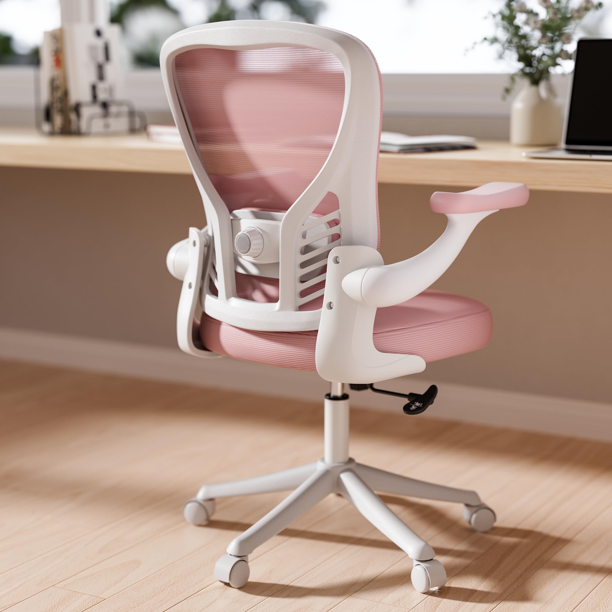 GYI Ergonomic Office Chair, Mesh Desk Chair with Adjustable Lumbar Support and 3D Flip-up Arms, Computer Chair with Wheels, Pink