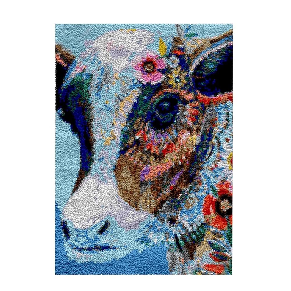 Latch Hook Kit for Adults & Kids, Complete DIY Rug Making Craft Kits with Yarn & Canvas and Crochet Needle, Adult Craft Kits for Women, Relaxing Home Art Project, Painted Flower Oxen Pattern 50x38cm — image 1