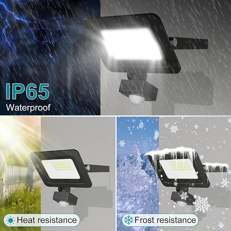 kolpop LED Mozgásérzékelős Reflektor Kültéri, 2 db 30W 3000LM, 6500K Hideg Fehér, IP65 Vízálló, 120° Szögben Állítható Lámpa Garázsba, Kertb