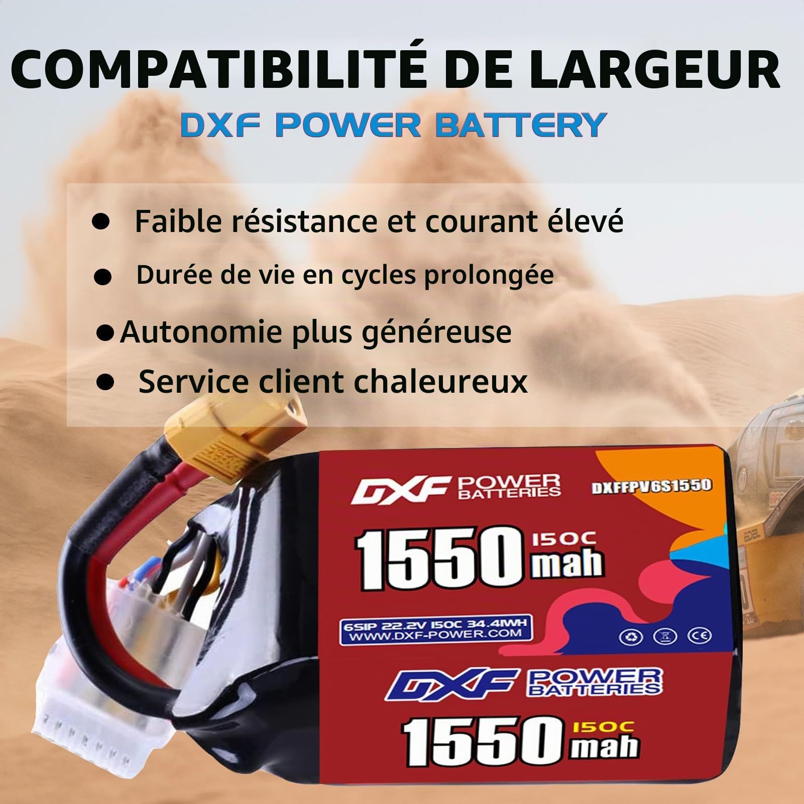 DXF Lot de 2 batteries LiPo XT60 1550 mAh 22,2 V 150 C 6S en graphène de qualité supérieure pour drone de course FPV, quadricoptère, hélicoptère, avion, bateau, voiture, camion