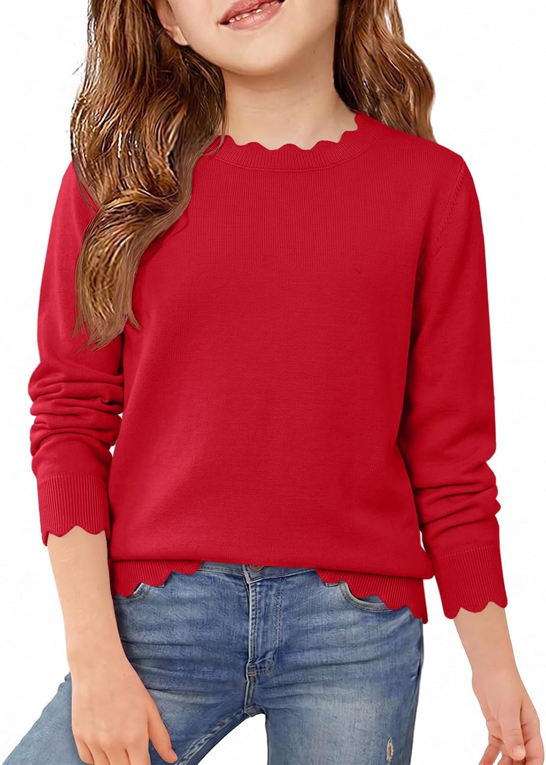 Girls Sweaters Long Sleeve Crewneck Scalloped Trim Sweaters