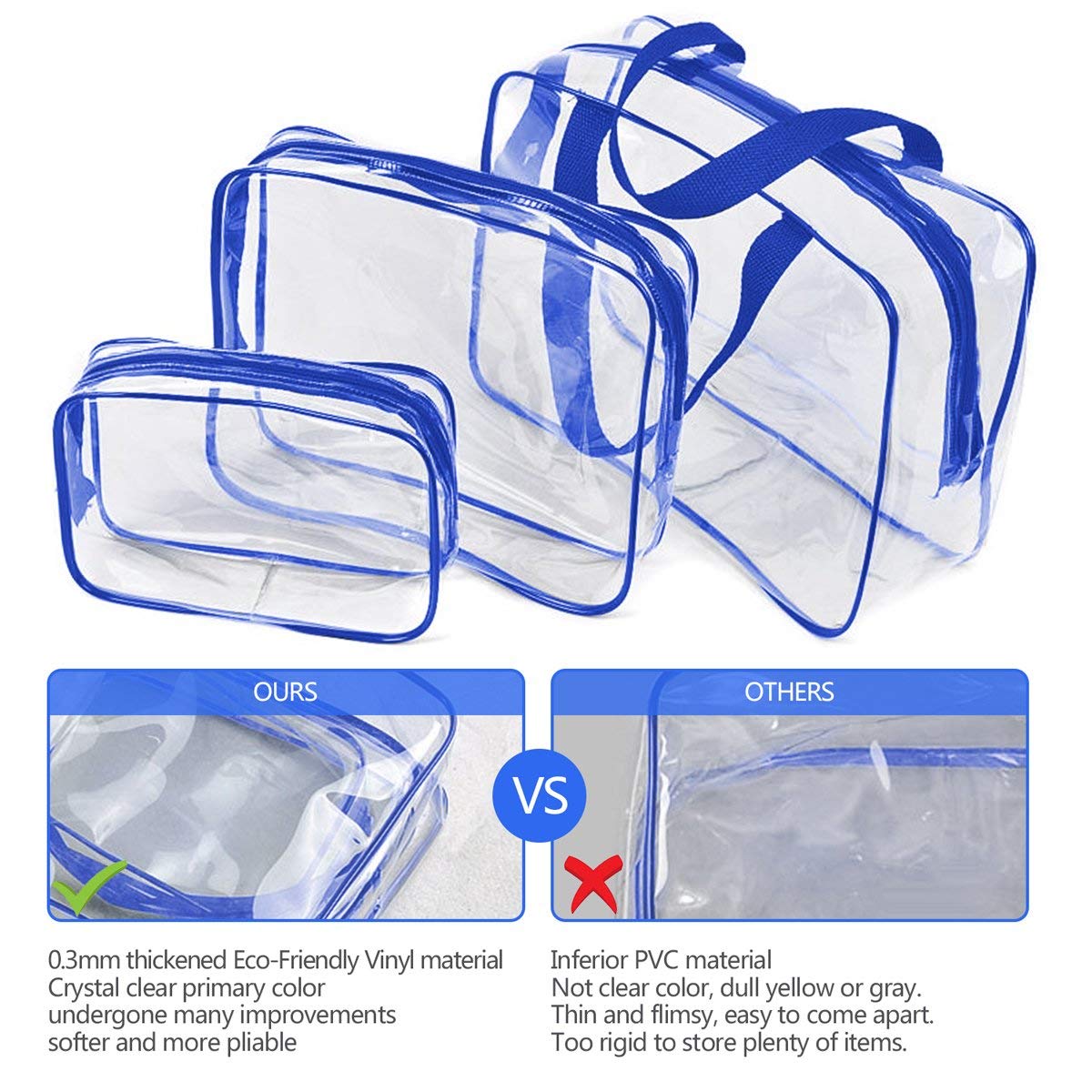 5Pcs Crystal Clear PVC Travel Toiletry Bag Kit for Women Men, Waterproof Vinyl Packing Organizer Storage Bags with Zipper Handle Straps, Cosmetic Pouch Carry on Airport Airline Compliant Bag Handbag - Image 4
