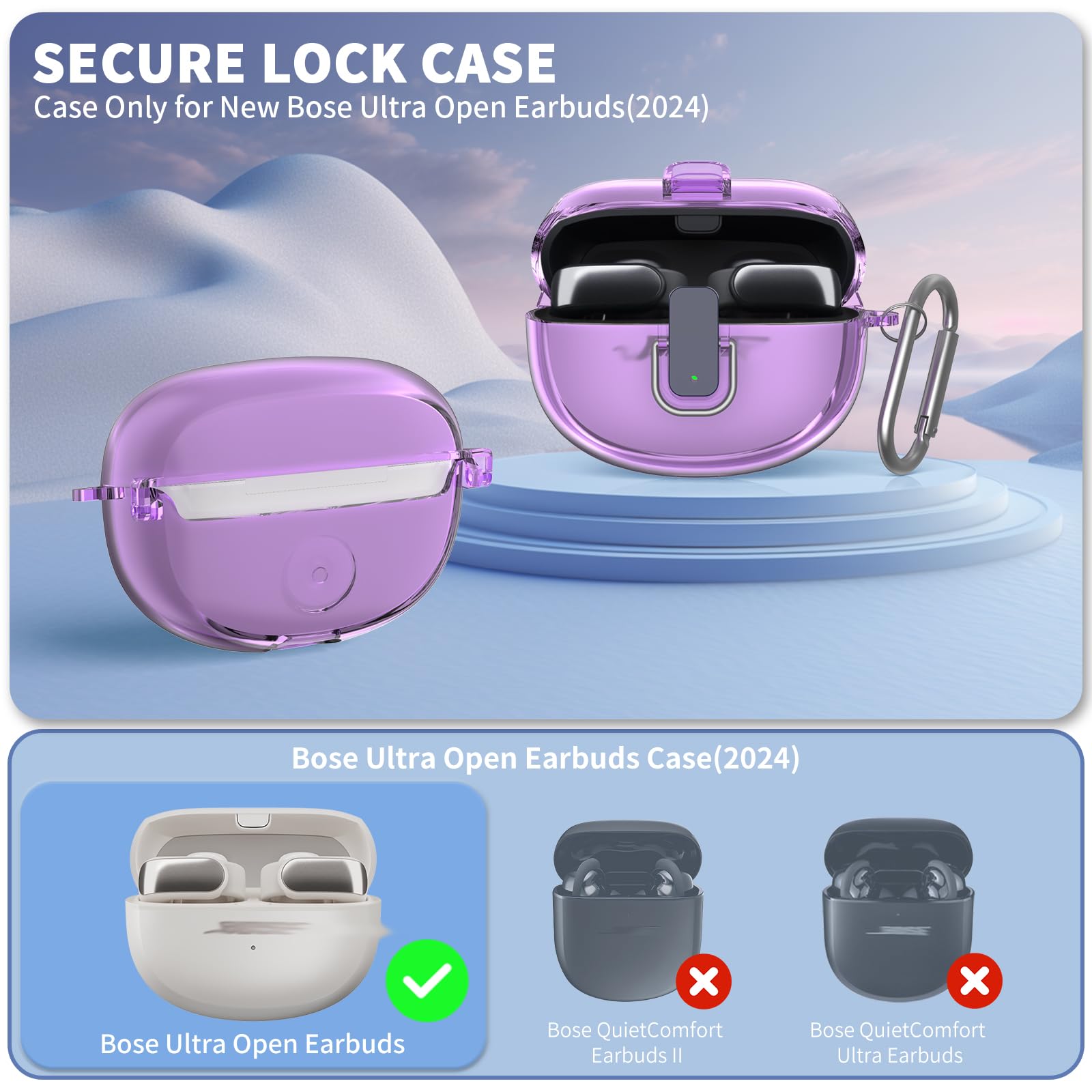 [Bloqueo seguro] TUDIOW para auriculares Bose Ultra Open (2024), funda protectora de TPU transparente a prueba de golpes para auriculares inalámbricos Bose Open Ear con cordón y llavero (morado