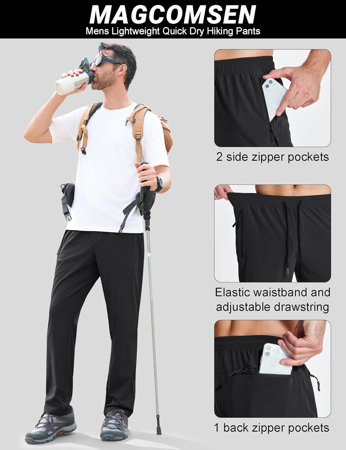 MAGCOMSEN Mens Hiking Pants Lightweight Quick Dry Workout Athletic Jogger with Zipper Pockets Golf Running Gym