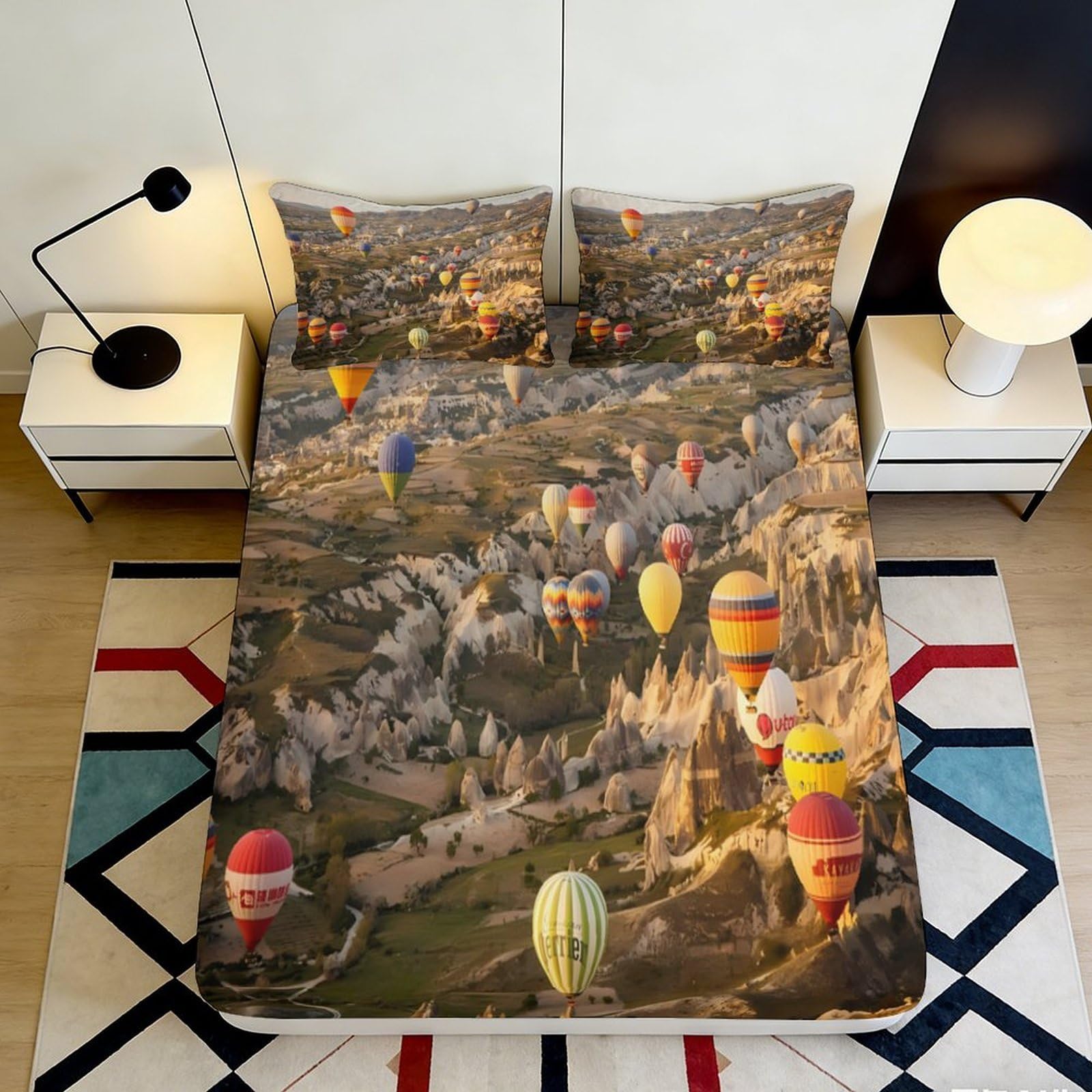 3D Printed Hot Air Balloon Landscape Fitted Sheet Microfiber Bedroom Decor Scenic Bed Cover for Home Guest Room 90x200x25cm