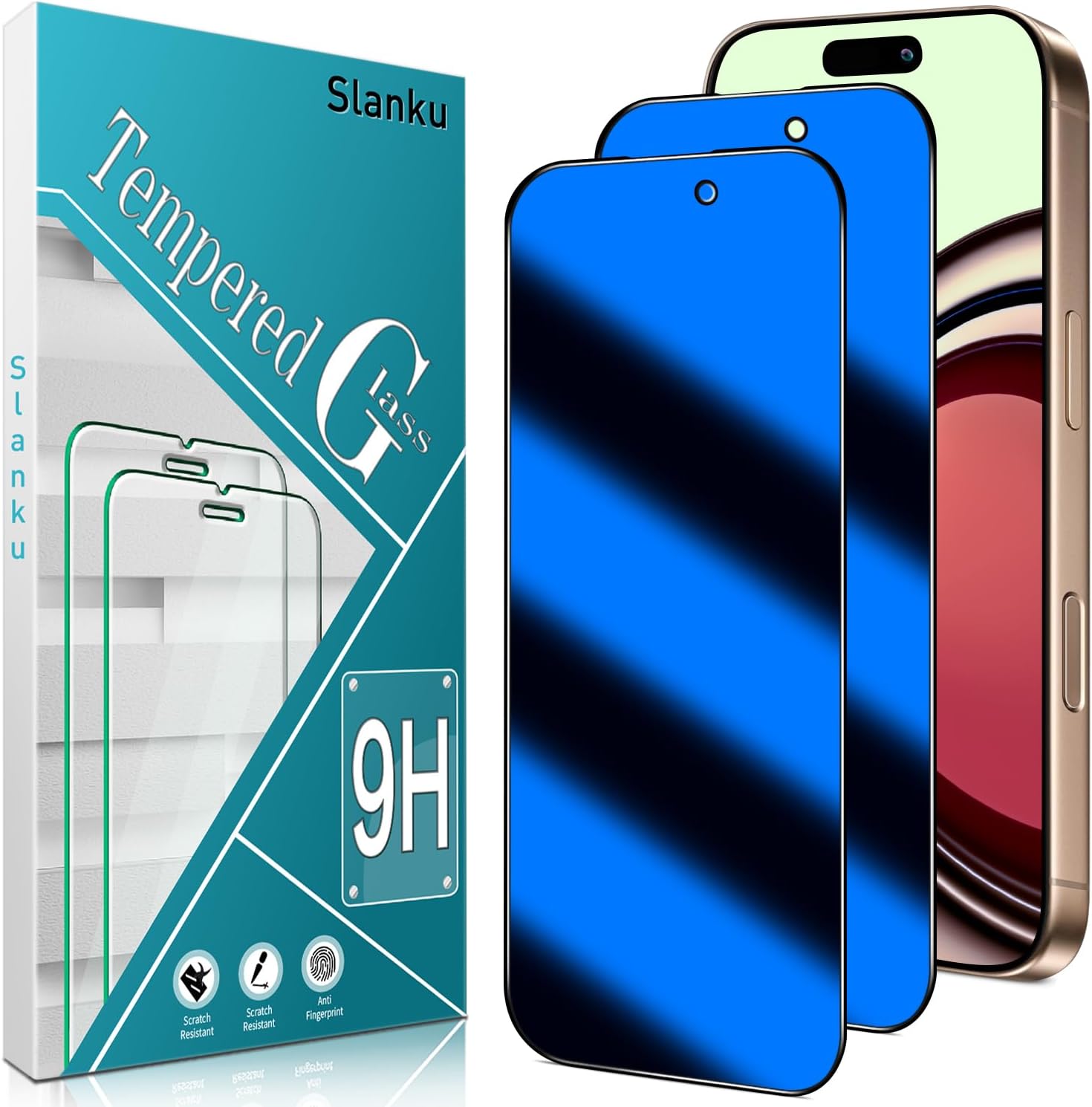 Slanku [2 Pack Privacy Screen Protector for iPhone 16 Pro, Anti-Spy Temered Glass [Blue], Anti Blue Light, Eye Protection, Easy Installation