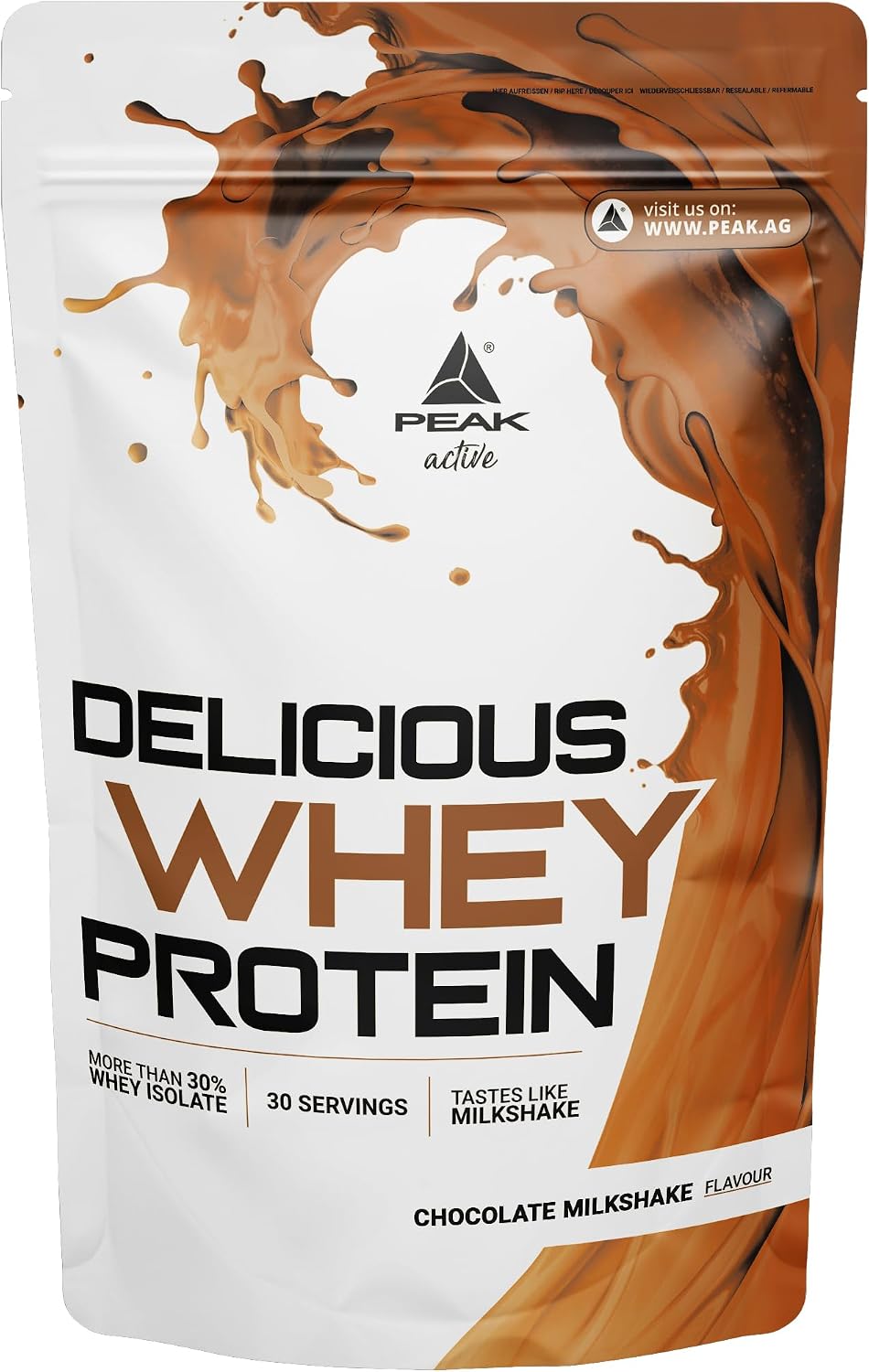 PEAK Delicious Whey Protein - 900g Flavour Chocolate Milkshake I 30 Servings Protein Powder Without Added Sugar, Rich in BCAAs & EAAs with Digestive Enzyme Lactase