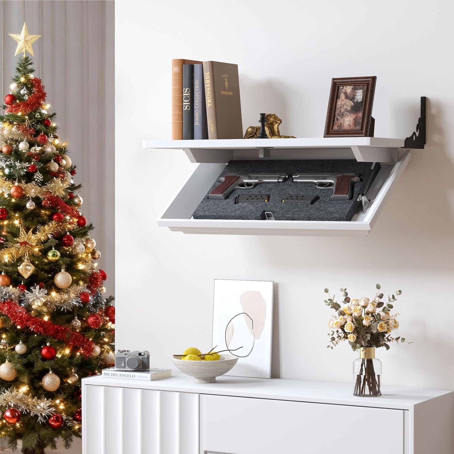 Lvifur 24" Compact Gun Shelf, Gun Rack with Automatic Induction Lock with Secure Hidden Compartment for Wall Mount Display, Storage Security Safe Box for Home