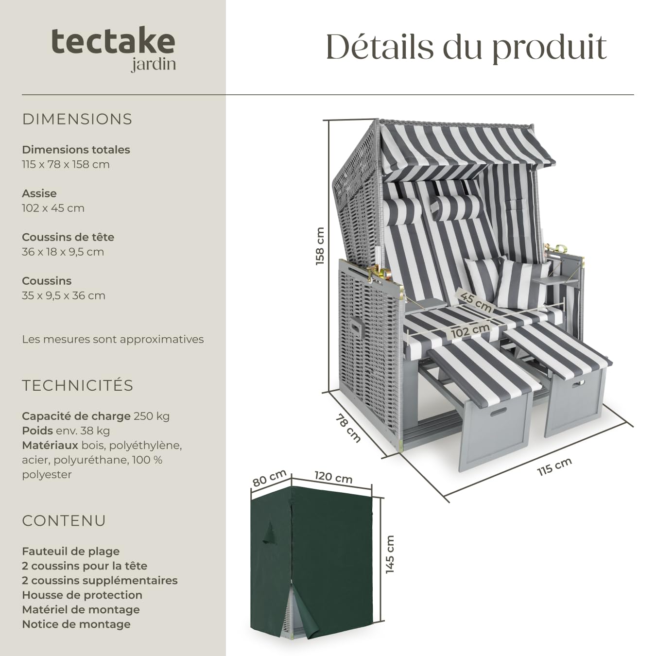 tectake® Corbeille de Plage Cabine de Plage Fauteuil Relax Chaise Longue de Plage 2 Places avec Pare Soleil, Repose Pied Housse de Protection, 2 Coussins Amenagement Balcon Terrasse Mer Plage Jardin