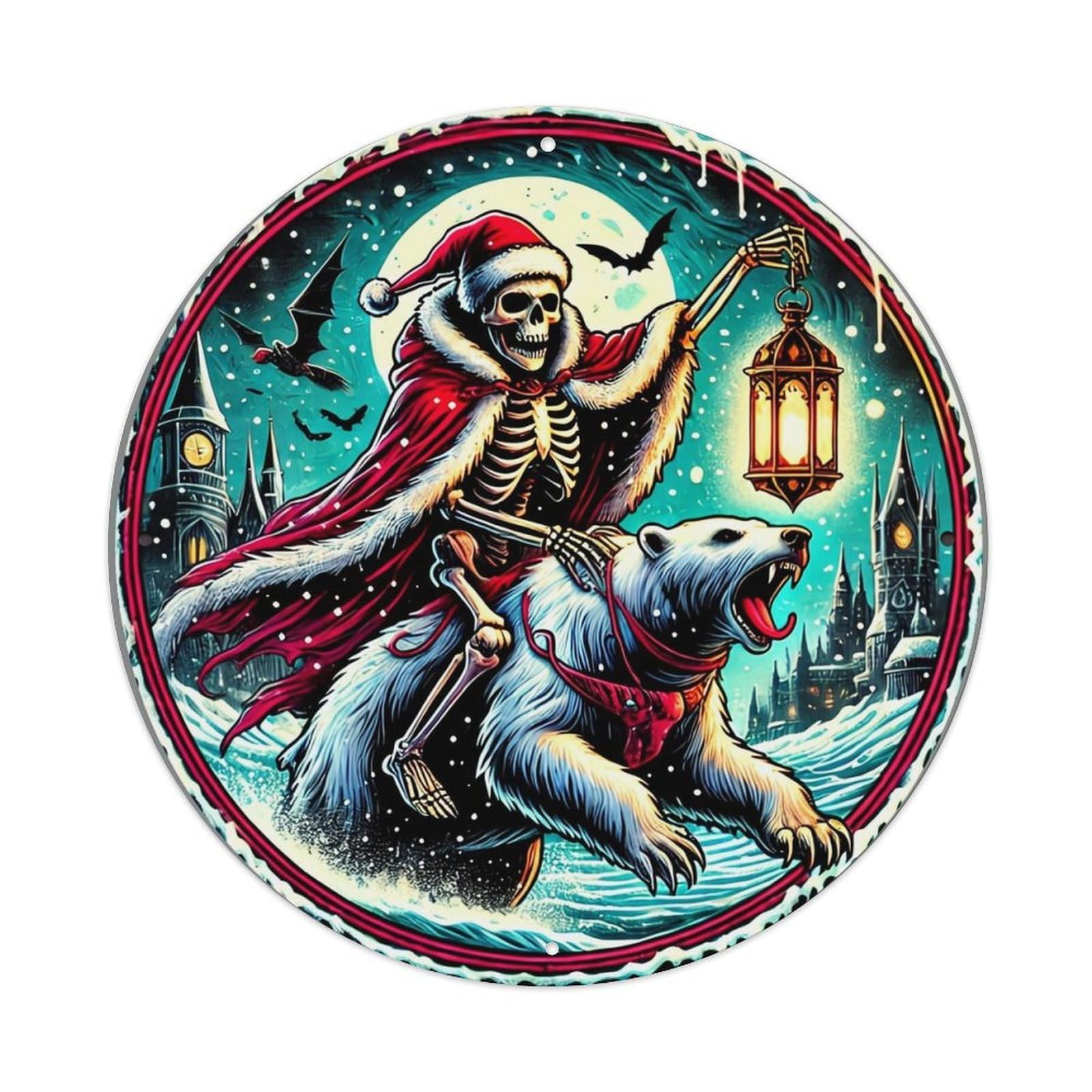 Skeleton Santa Riding Bear Retro Metal Sign Round Tin Sign, Vintage Decor Art Poster for Bar, Home, Man Cave, Kitchen, Laundry Room Gift 8x8Inch