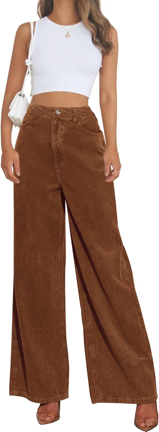 Corduroy High Waisted Wide Leg Pants for Women Dress Pants,Elastic Waist Casual Corduroy Straight Trousers - Image 2