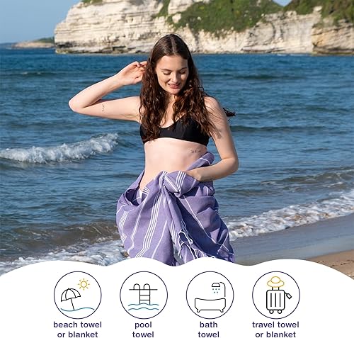 Miniatura 6 de PADISHAHHOME Toalla de playa turca de gran tamaño, 38 x 71 pulgadas, 100% algodón turco, sin arena, de secado rápido, toalla turca extra grande,