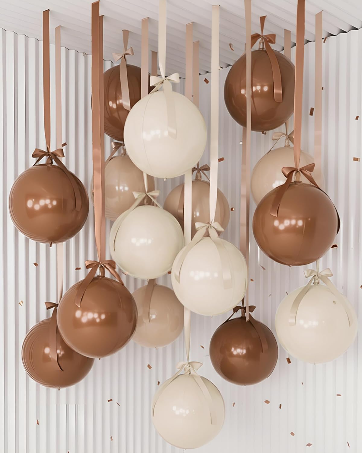 Jenaai 30 Set Round Foil Balloons Bulk 22 Inch 4d Metallic Giant Balloons Set with Satin Bows Ribbon for Ceiling Holiday Ornaments New Year Birthday Wedding Party Decoration(Cream Beige Khaki)