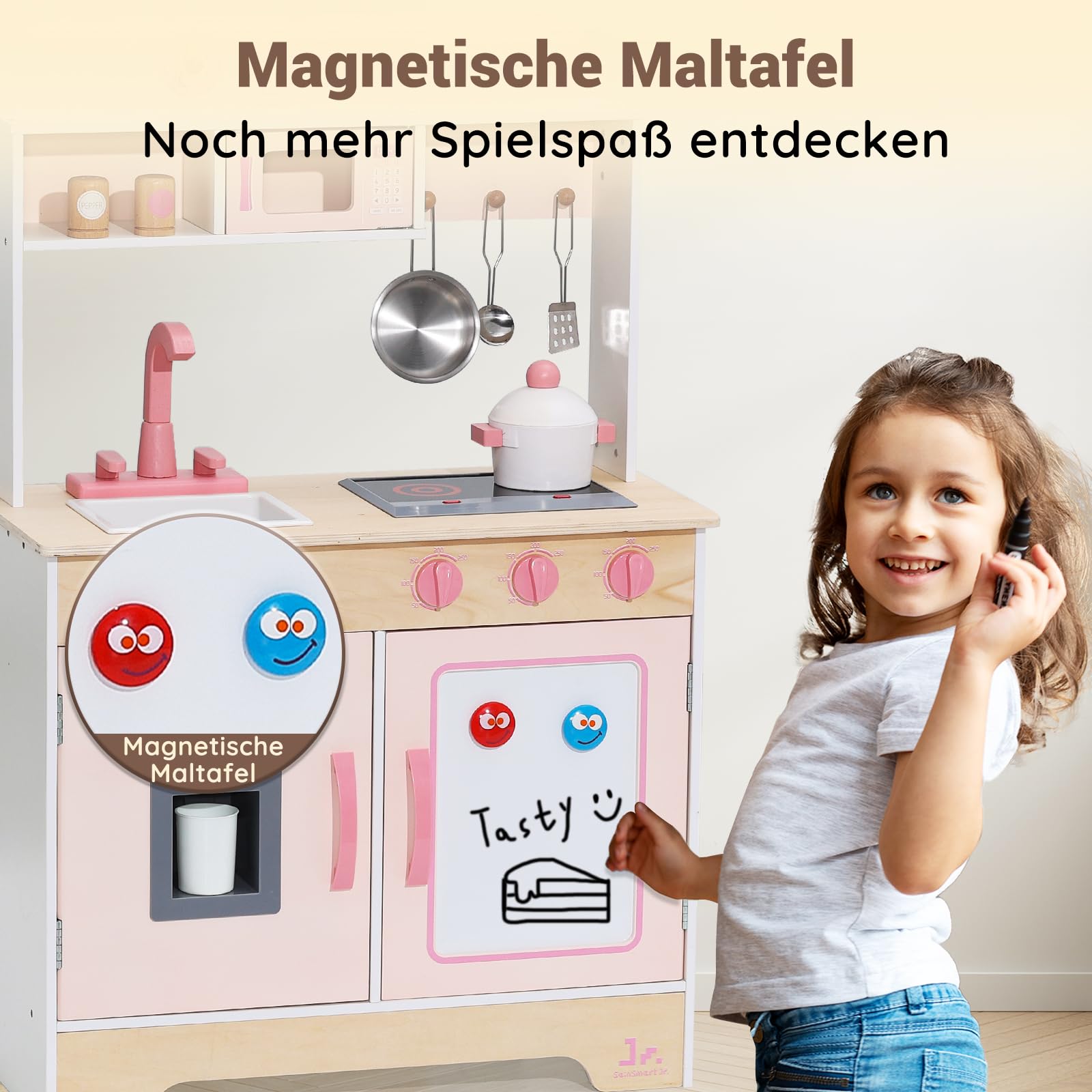 SainSmart Jr. Kinderküche Holz Spielküche Rosa, Sound & Licht, Mädchen ab 3 - 75 Characters