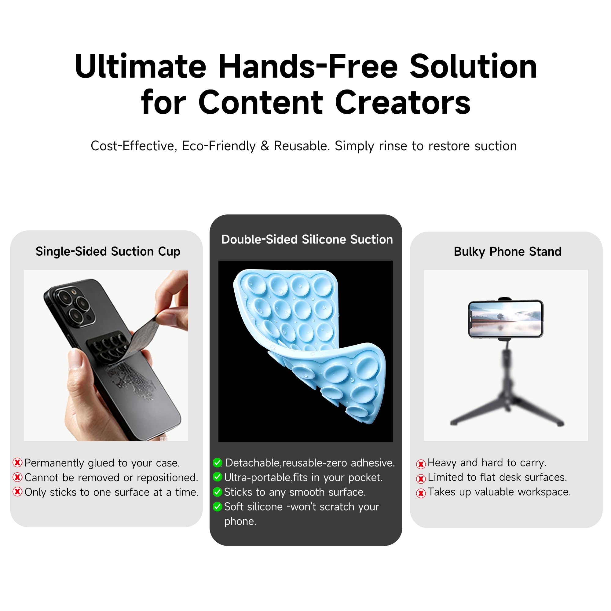 Funda de silicona con ventosa de doble cara para teléfono, soporte desmontable, manos libres, reutilizable, fácil de limpiar, soporte de agarre fuerte para selfies y videos, compatible con iPhone y
