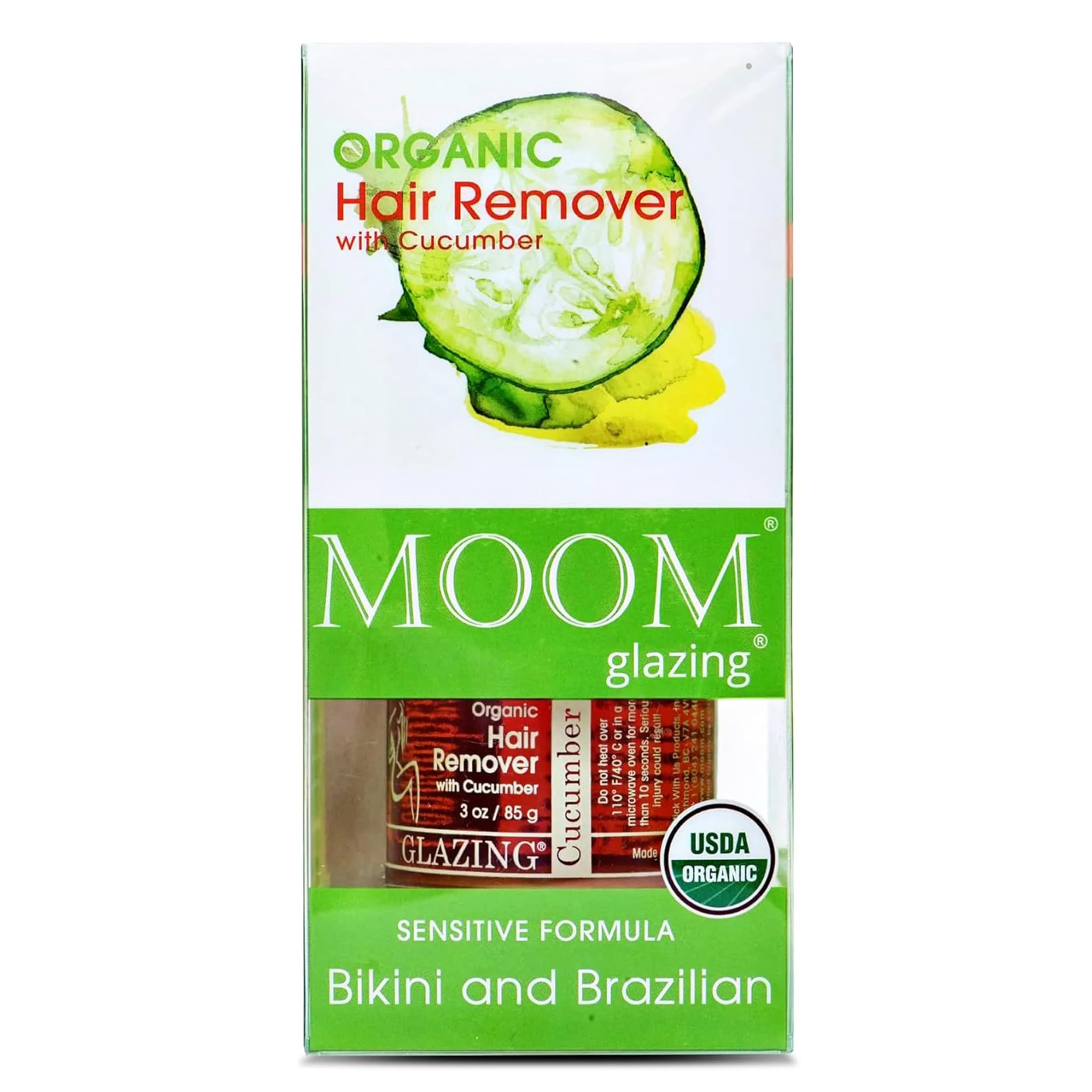 MOOM Organic Hair Removal Waxing Kit - Sugar Wax with Cucumber & Green Tea - Body Wax Kit for Bikini & Leg - 3 oz Jar with 18 Reusable Wax Strips & 6