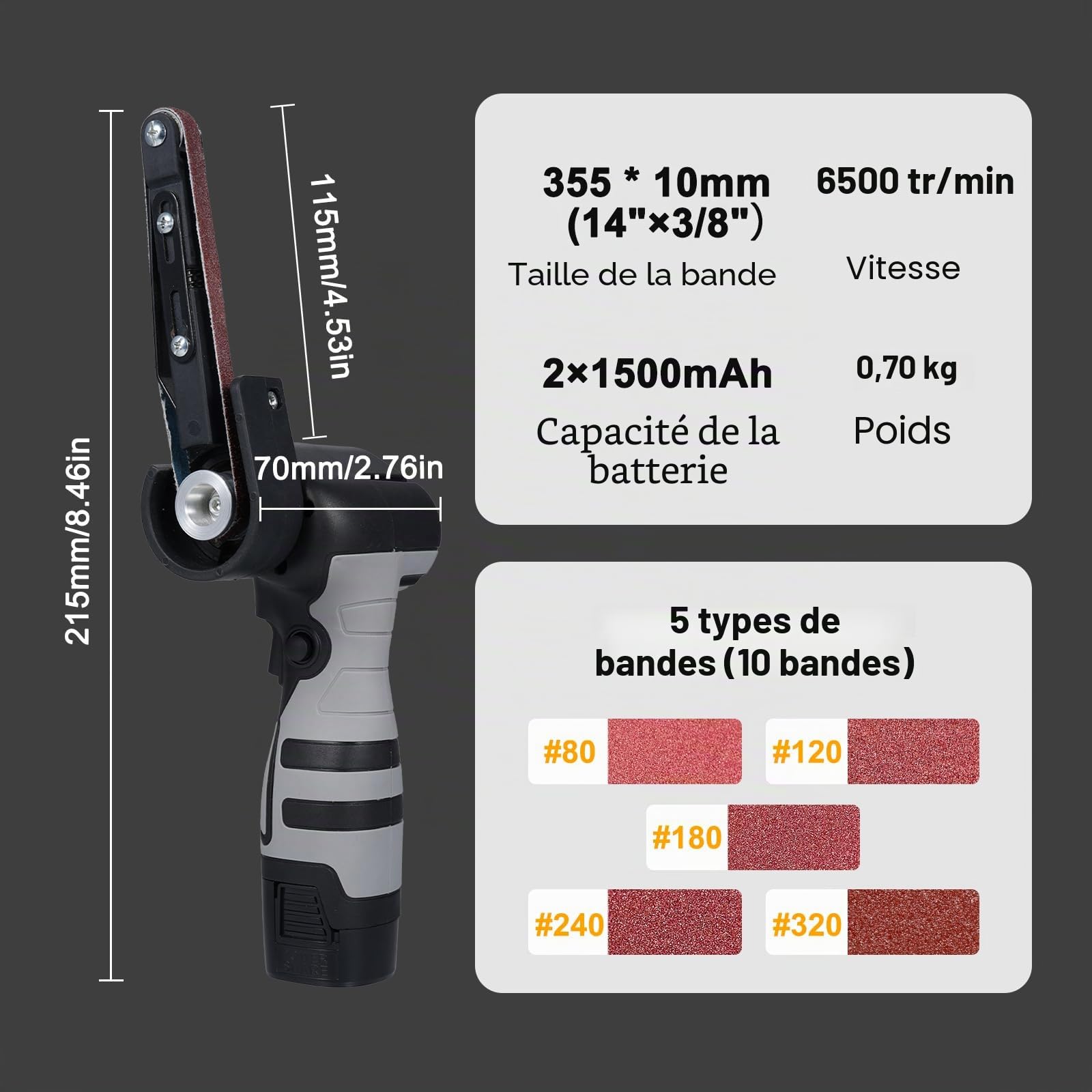 Geevorks Ponceuse à bande électrique Mini-ponceuse à bande de 6500 tr/min et 10 bandes abrasives pour bois, métal et plastique