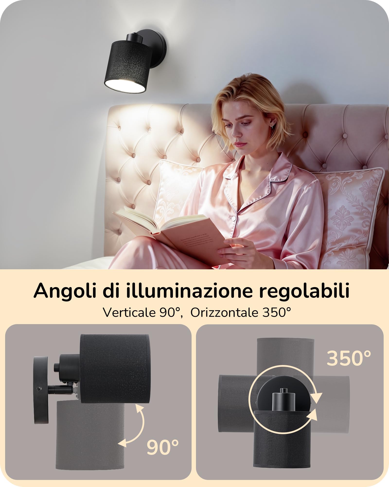 EDISHINE Set 2 Lampade da Parete LED, Dimmerabili, Telecomando, Nero | Orientabile A 350°/90°, 3000–6500 K, Lampadina LED Inclusa con Telecomando, per Camera da Letto, Soggiorno e Corridoio