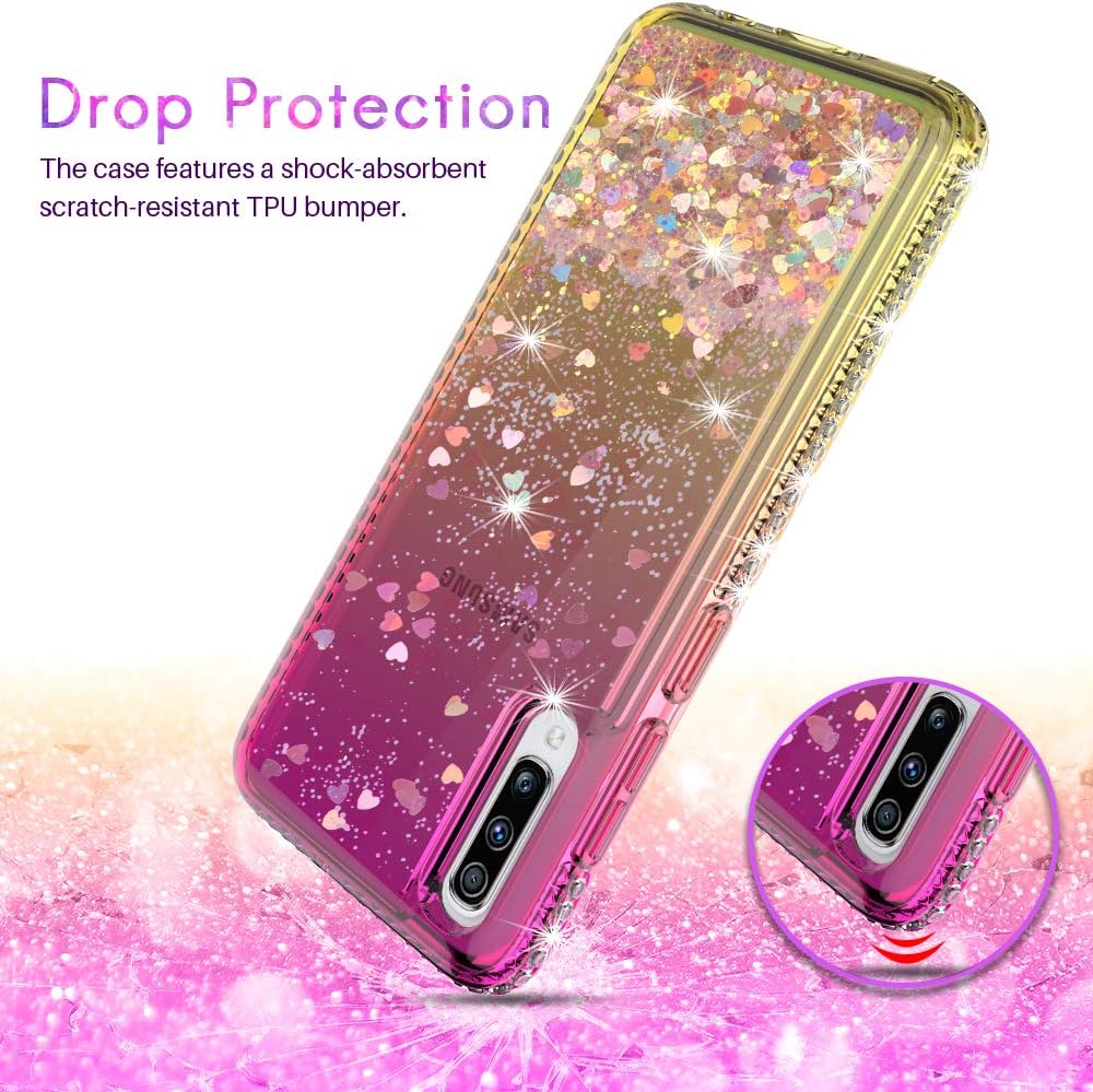 HATOSHI Samsung Galaxy A50 Case with Screen Protector Tempered Glass 2 Pack for Girls Women, Liquid Glitter Quicksand Sparkle Bling Clear Cute Protective Phone Case Cover -Pink, Gold