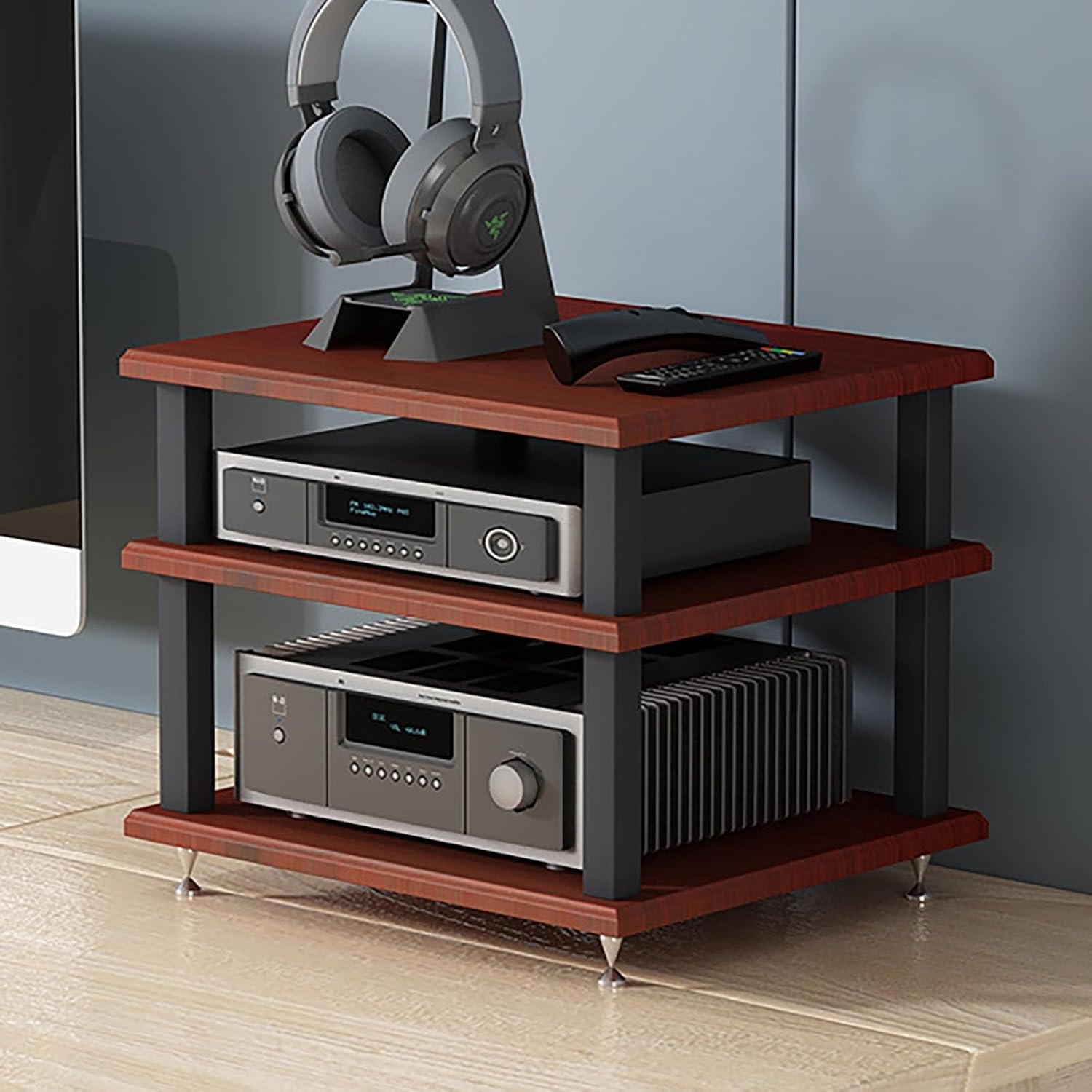 Portable AV Storage Rack - Compact Metal Media Cabinet for Home Entertainment, Brown 25cm/9.8in - Perfect Organizer for DVDs, Gaming Consoles & Accessories