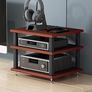 Portable Media Storage Rack - Small AV Component Stand, Metal Carbon Steel Audio Tower, Entertainment Shelf for Desktop, Stereo Cabinet, Brown, H25cm/9.8in