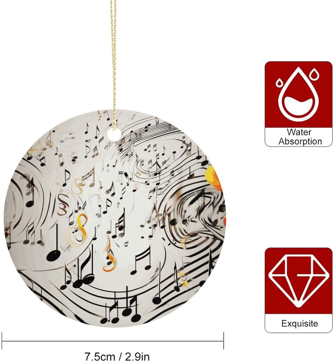 Music Notes Print Christmas Ornament,Holiday Hanging Decorations Personalized Christmas Tree Ornament Round Ceramic Ornaments -Car Hanging Accessories image 2